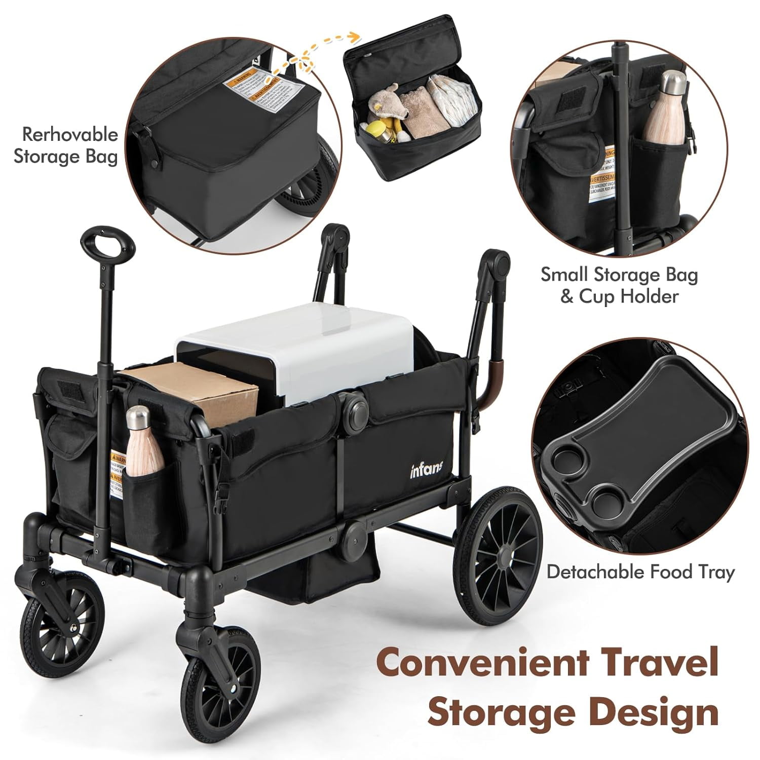 INFANS 2-Seater Wagon Stroller, Collapsible Double Stroller with Adjustable Canopy and Snack Tray (Black, 41 in x 22 in x 42 in) 0vei3