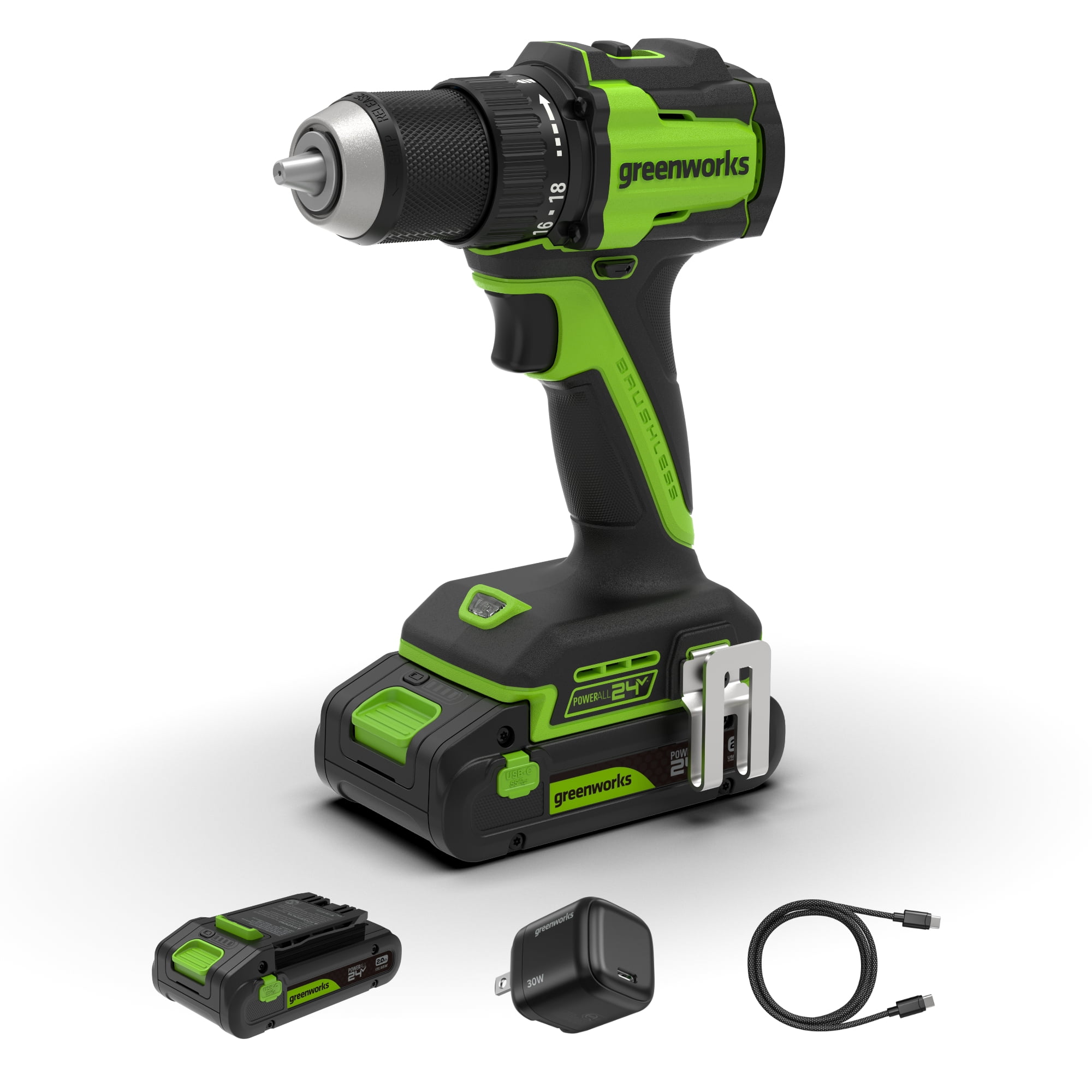Greenworks 24V Brushless 1/2 in Cordless Drill Driver with 2 Ah Battery and Charger (Black, 2-Speed) doo1f