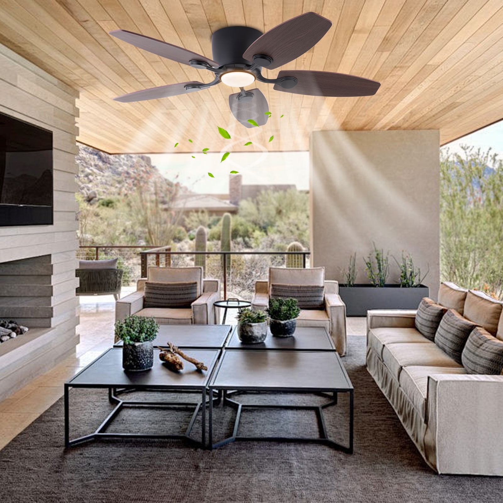 TOOL1SHOoo 42 in Farmhouse Flush Mount Reversible Ceiling Fan with LED Light and Remote Control (Brown, 42 in) gox3c