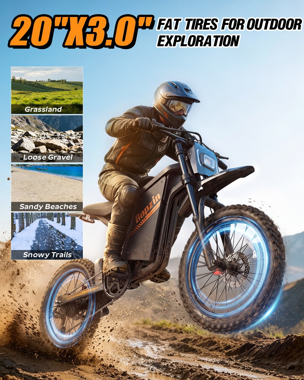 Bopzin Electric Dirt Bike for Adults, 3000W Off-Road E-Bike with App Control and Anti-Theft Alarm (20 in Fat Tire, 60V 25Ah) gtjzx