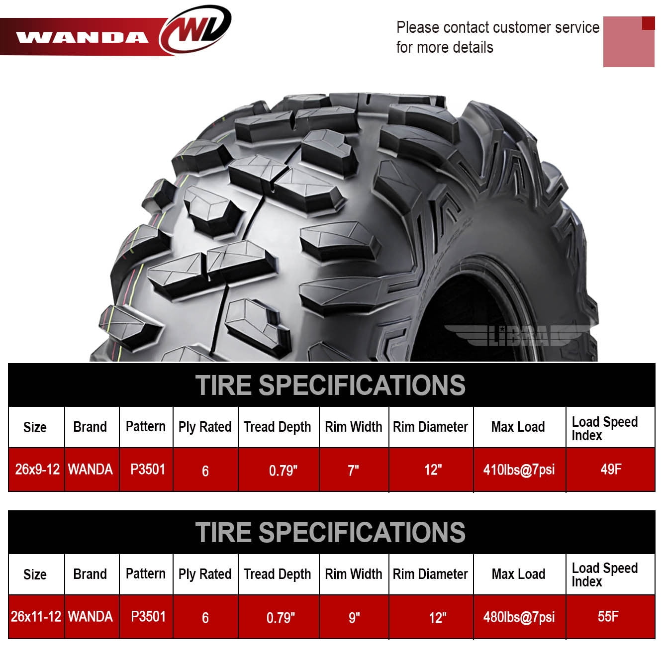 WANDA ATV UTV Tires Set of 4 (26x9-12 Front & 26x11-12 Rear) Heavy-Duty 6-Ply Off-Road Traction 262q9