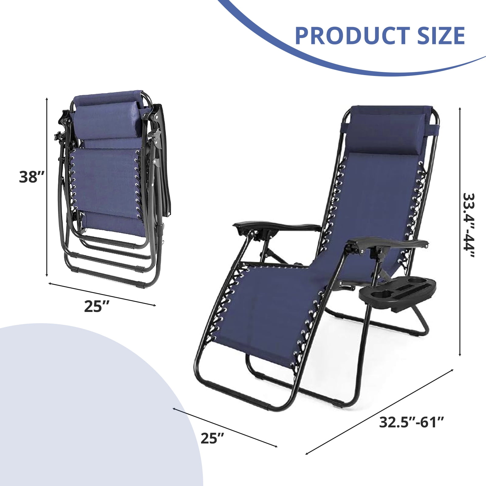 BIGLEAP Zero Gravity Recliner Chairs, Portable Folding Lounge Chairs with Cup Holder Trays and Adjustable Pillows (Blue, Set of 2) pu911