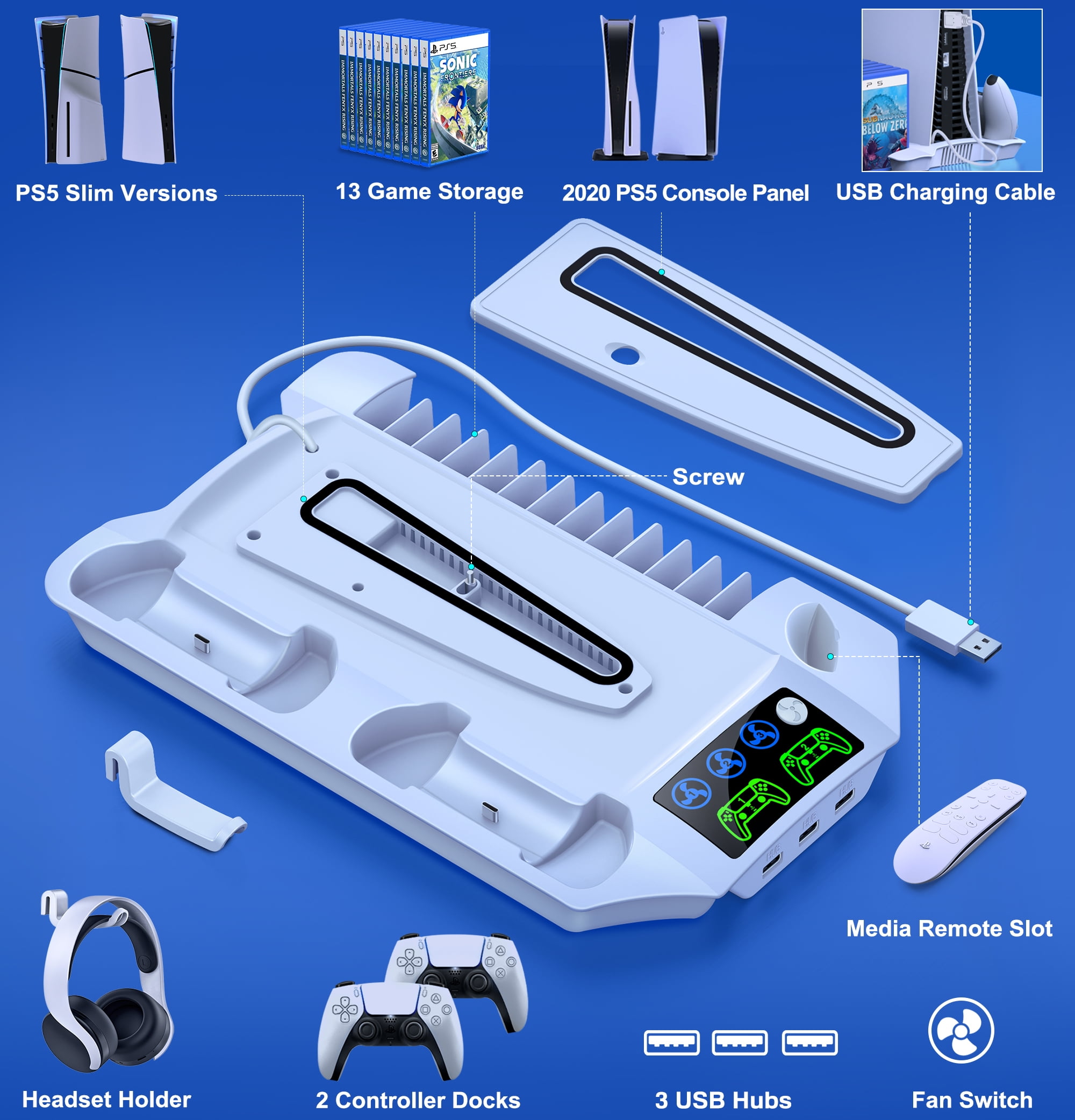 Beboncool PS5 Cooling Stand with Dual Controller Charger and Game Storage (White, 1 Pack) 3icr3