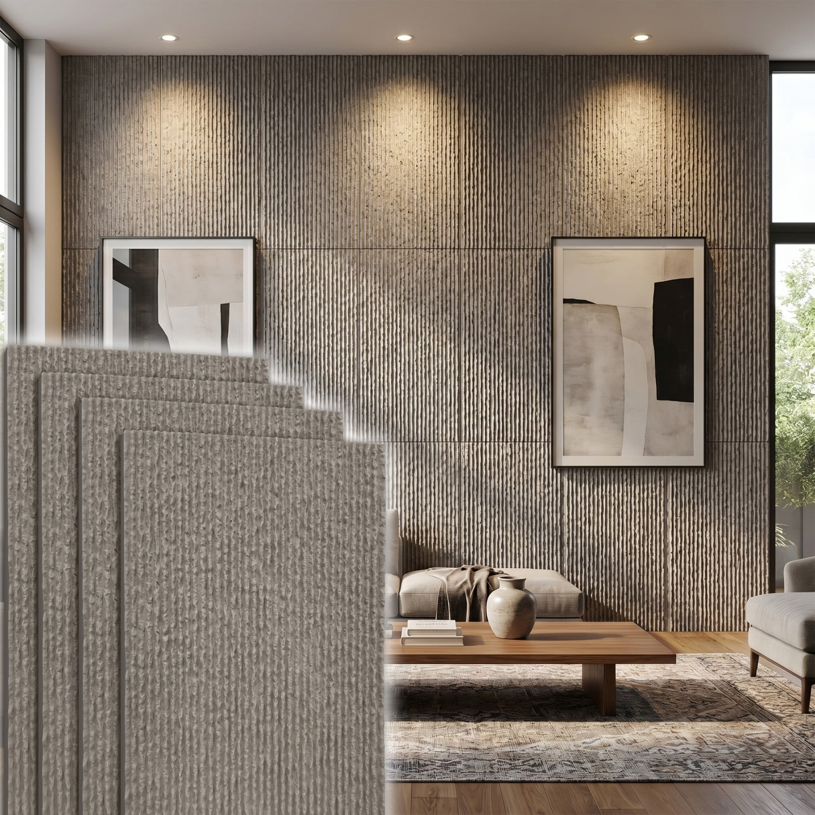 BEAUTYPEAK 3D Faux Stone Wall Panels, Modern Fluted Texture Decorative Siding (Cement Grey, 48 in x 24 in, 4 Pack) d7h01