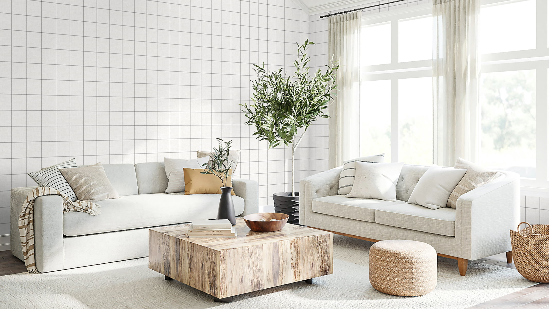 NextWall Charcoal & Linen Classic Striped Check Peel and Stick Wallpaper (Charcoal, 20.5 in. W x 18 ft. L) oplay