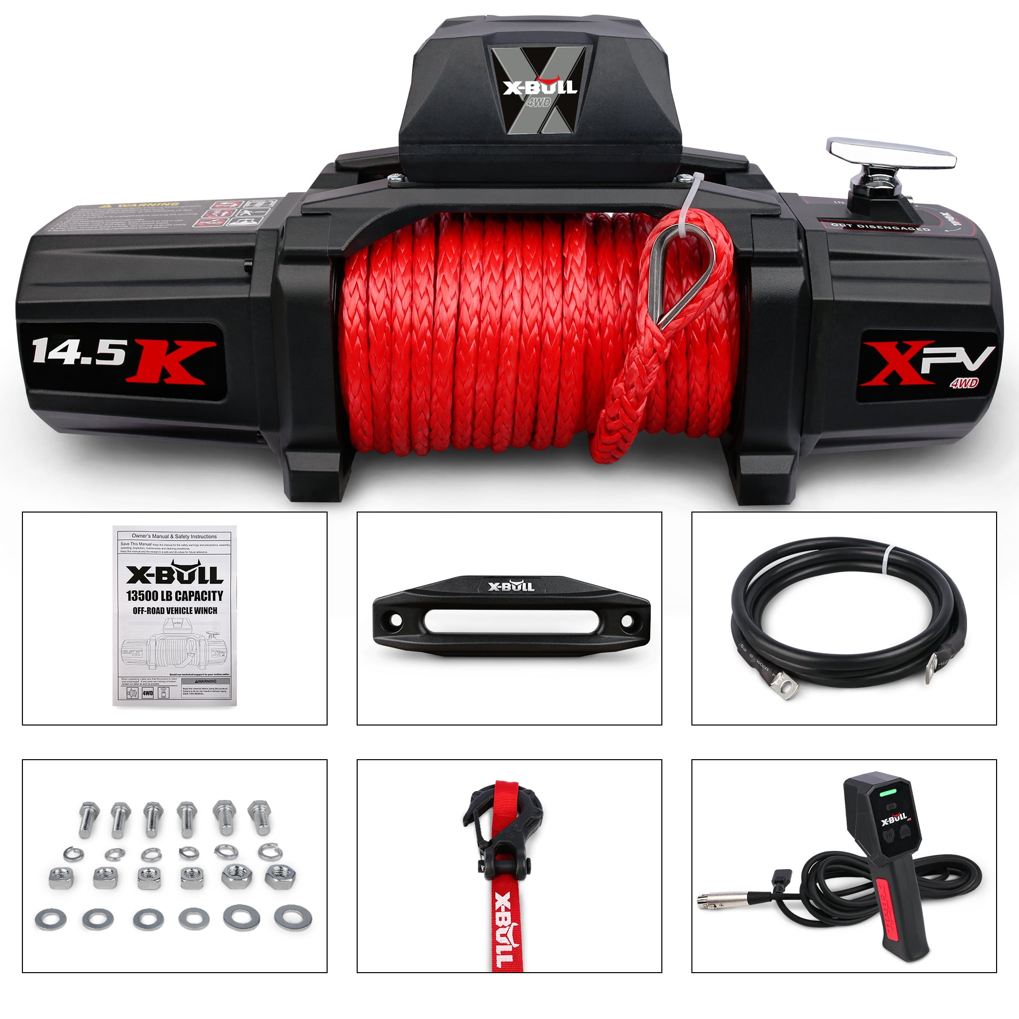 X-BULL Electric Winch XPV 14500 lb 12V Synthetic Rope Off-Road Recovery System (Black, 14500 lb) pqkvu