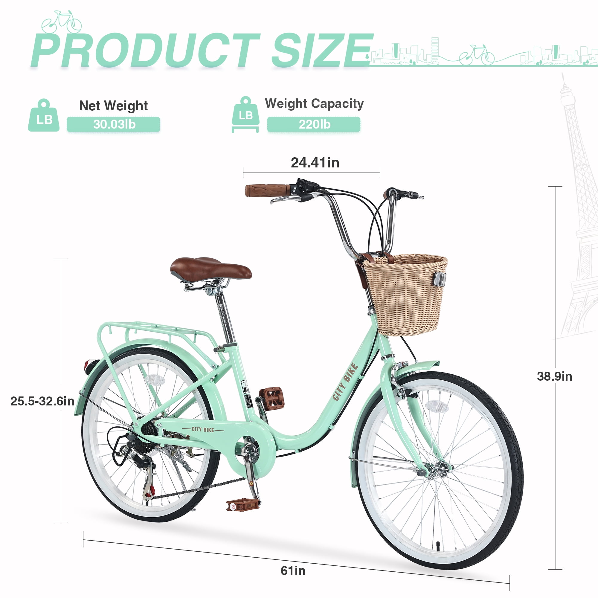 Meiyiu 22-inch City Cruiser Bike, 7-Speed Steel Frame Commuter Bicycle with Basket (Green, 13-inch Frame) 7wyc1