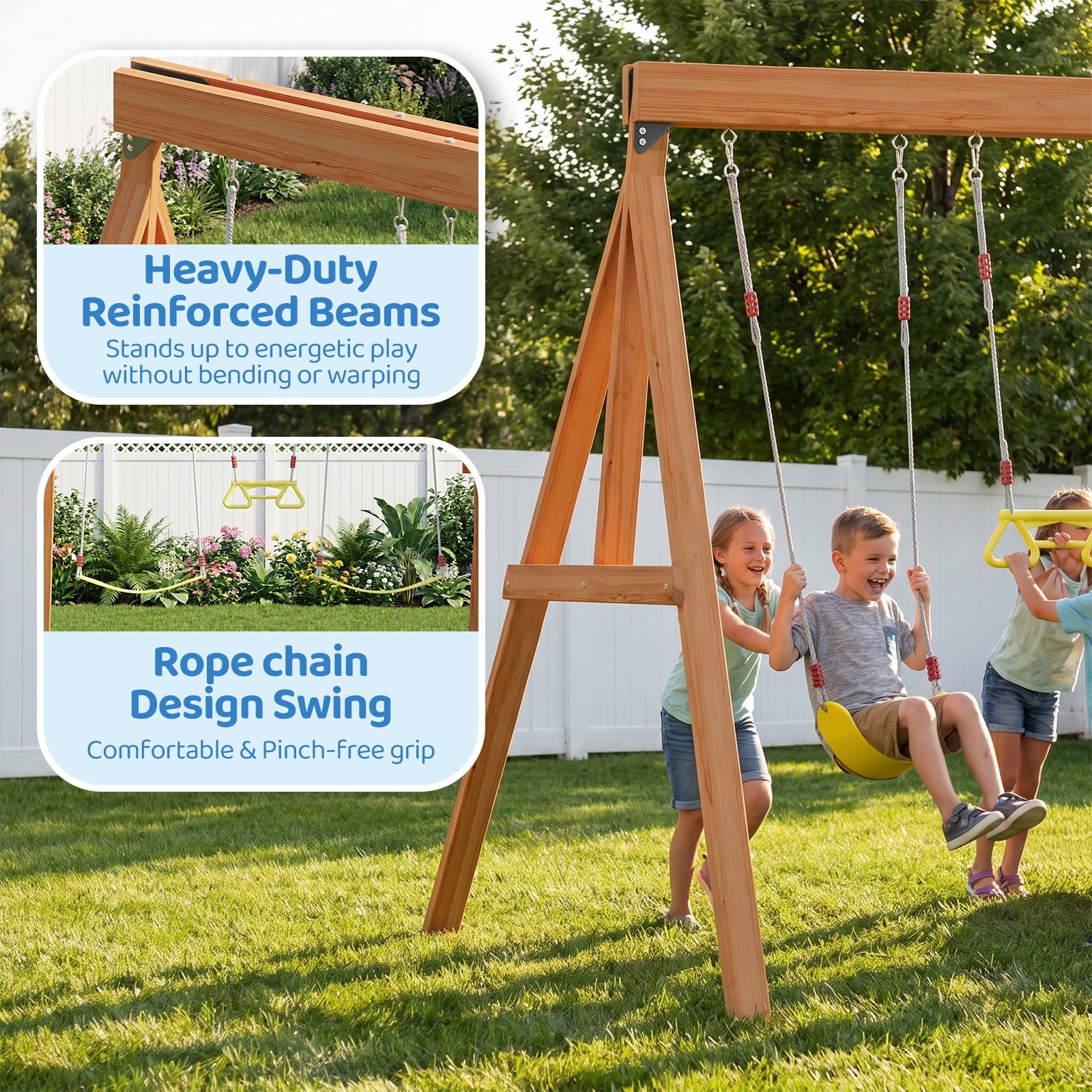 SunSwell Wooden Swing Set for Backyard with 8 ft Wave Slide, Monkey Bars, and Rock Wall (Green) rp4jk