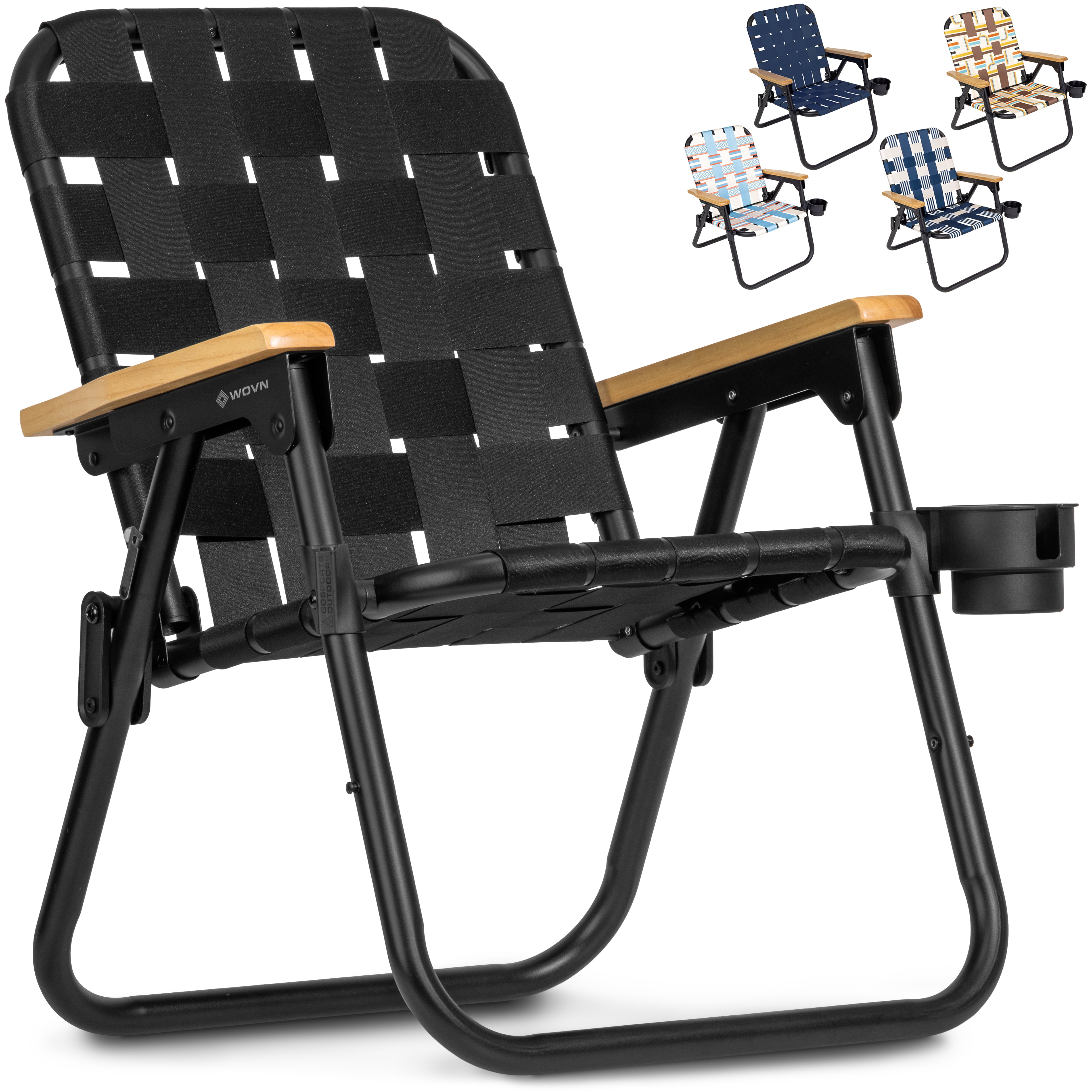 GoSports WOVN Beach Backpack Chair, Premium Folding Camping Chair with Hardwood Armrests (Black, 16 in Seat Height) ioncb