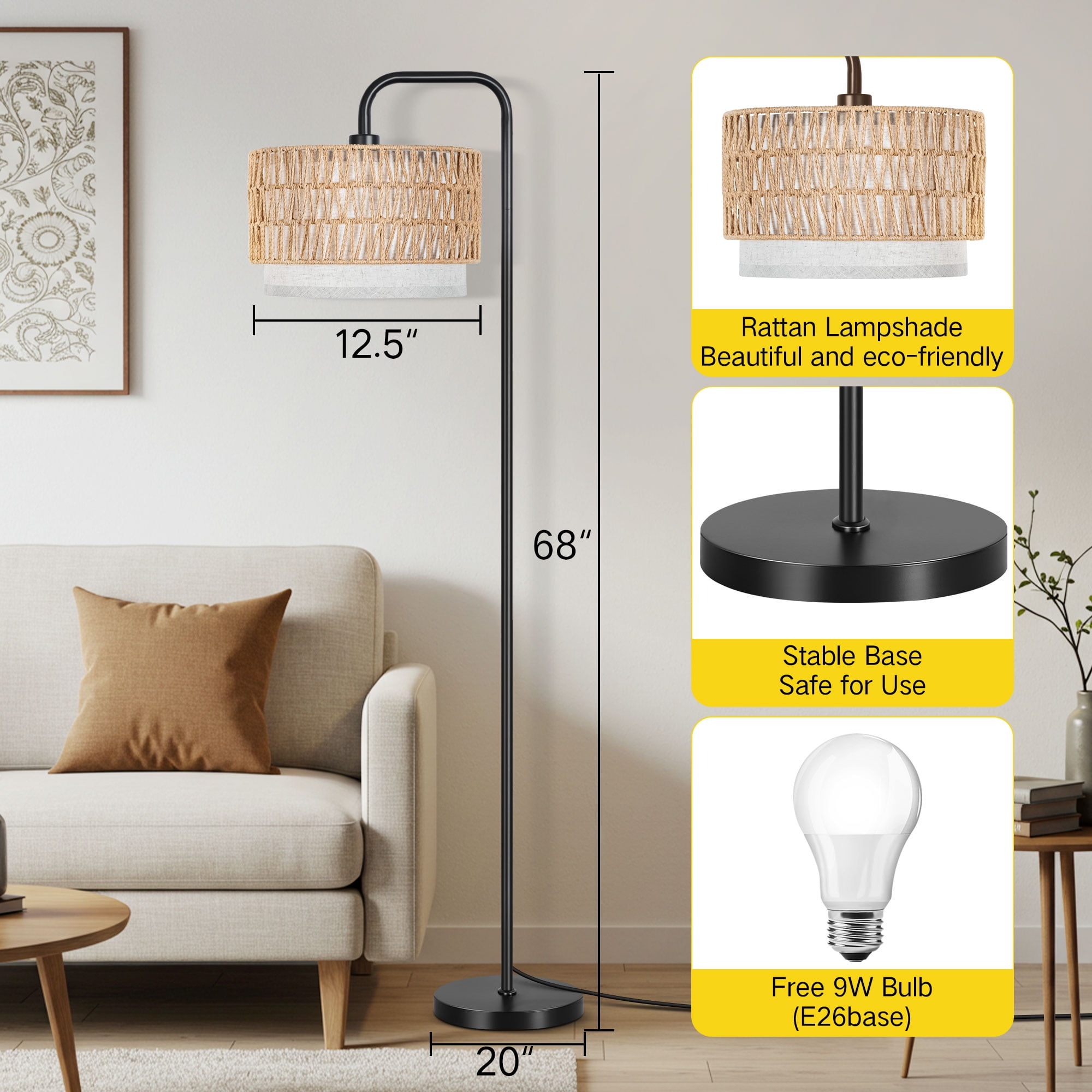 Outon Boho Floor Lamp with Rattan and Linen Double Shades, Adjustable Color Temperature Standing Lamp for Living Room (Black, 6 ft Cord) f2sue