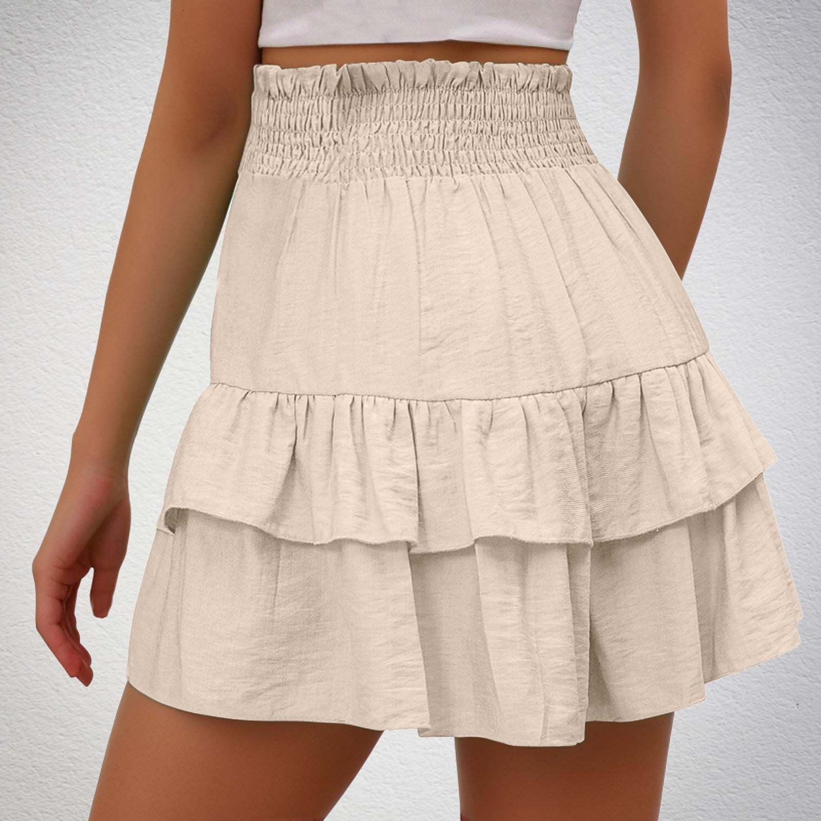 Karight Women's Flowy Ruffle Tiered Skorts High Waist Boho Athletic Shorts (Beige, Small) qnjcn