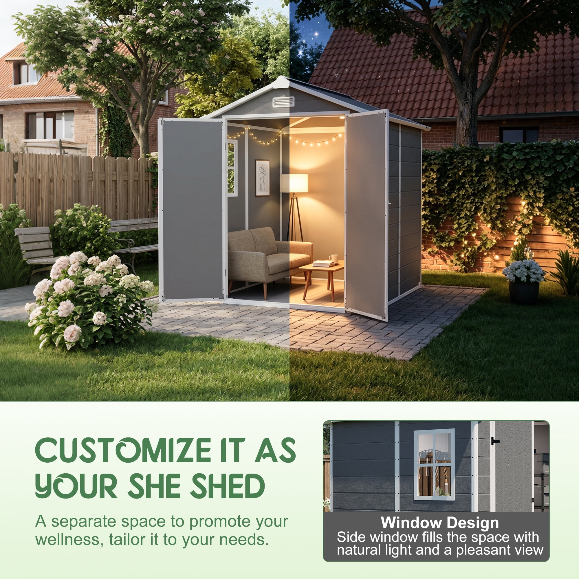 LZBEITEM 6 ft x 6 ft Outdoor Storage Shed, Weather-Resistant Resin Tool Shed with Heavy-Duty Floor and Lockable Doors (Grey, 205 cu.ft) sgccu