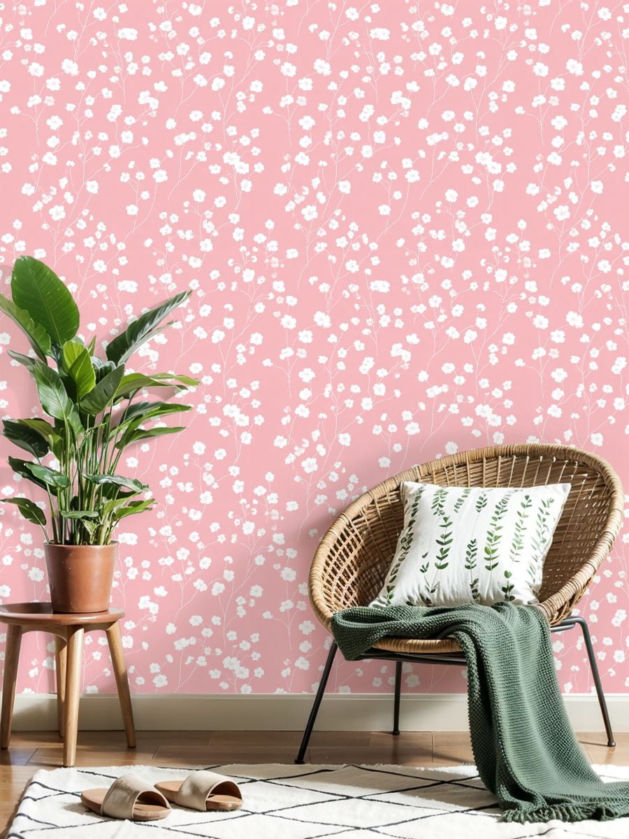 Kanworse Peel and Stick Wallpaper Floral Wall Mural (White and Soft Pink, 23.6 in x 9.8 ft) fbk5p