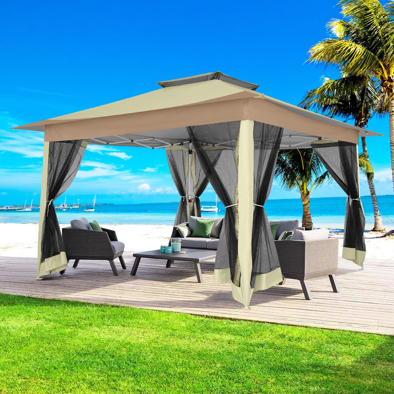 SANOPY Outdoor Pop-up Gazebo with Mosquito Netting and Sandbags (Light Brown, 12x12 ft) 63tns