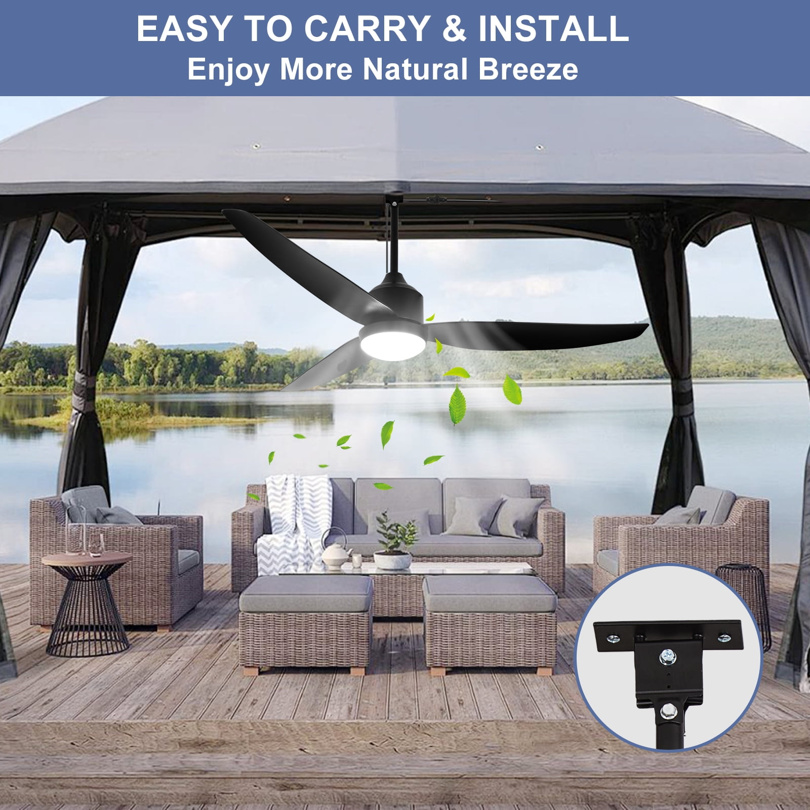 Depuley Outdoor Ceiling Fan with Light, Waterproof Hanging Fan for Patio and Gazebo (Black, 52 in) fq8yd