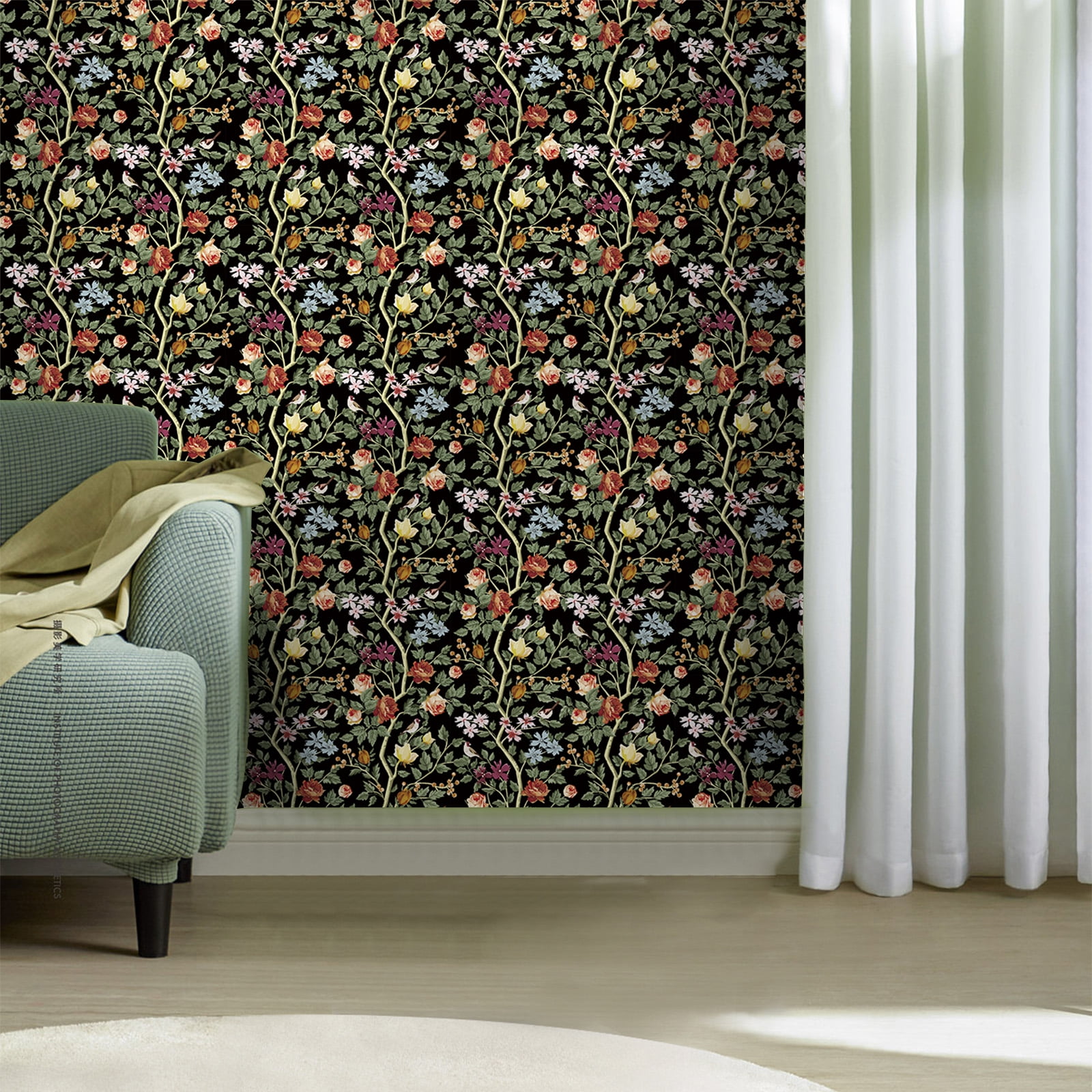 UMIGGEE Floral Peel and Stick Wallpaper, Self-Adhesive Removable Contact Paper for Home Decor (Black, 17.7 in x 118 in) 4ukbq