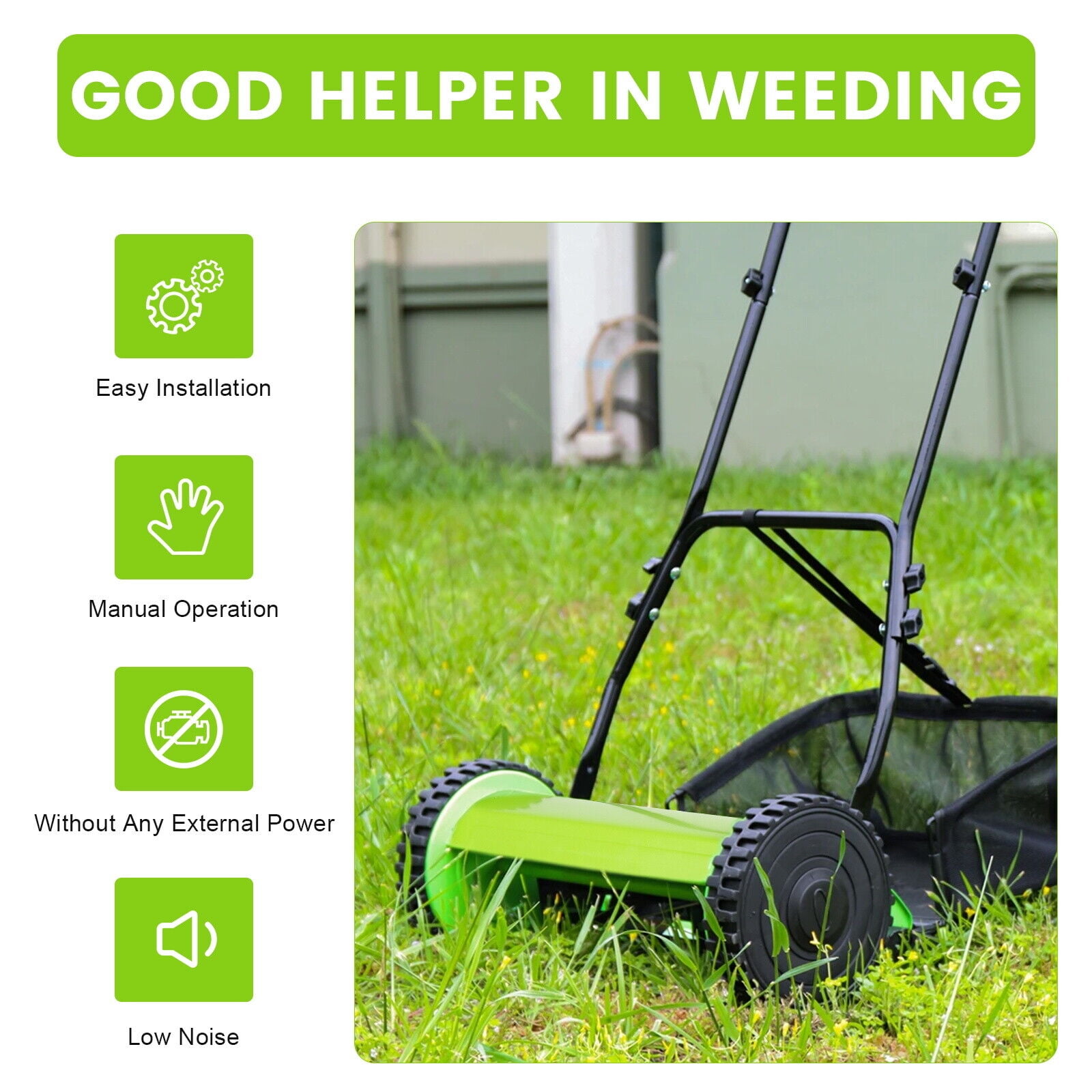 Generic Hand Push Reel Lawn Mower with Grass Catcher and Adjustable Cutting Height (Green, 12 in) alwo9
