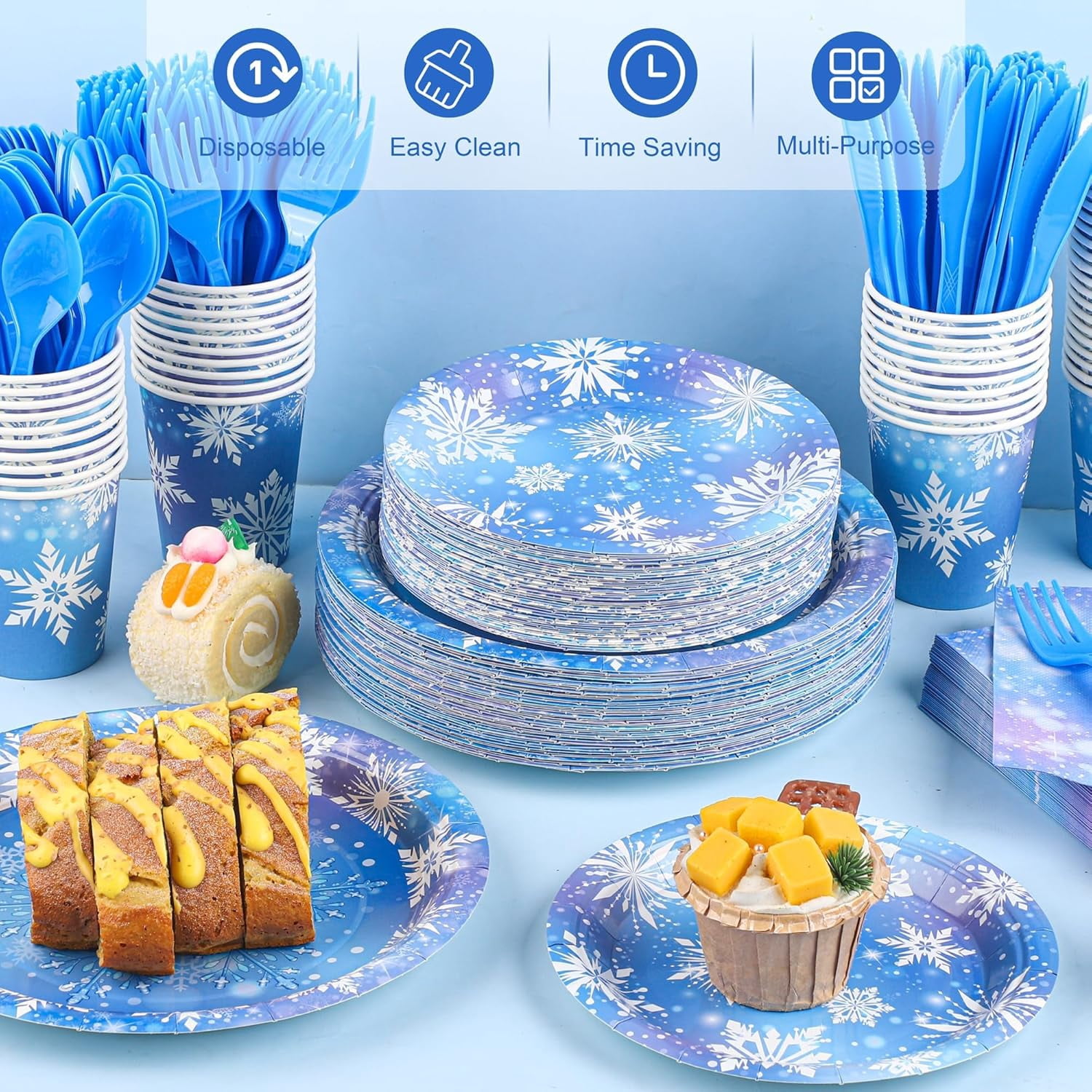 Generic Frozen Party Supplies Set Snowflake Tableware for 50 Guests (White/Blue, 350 Pieces) s9efh