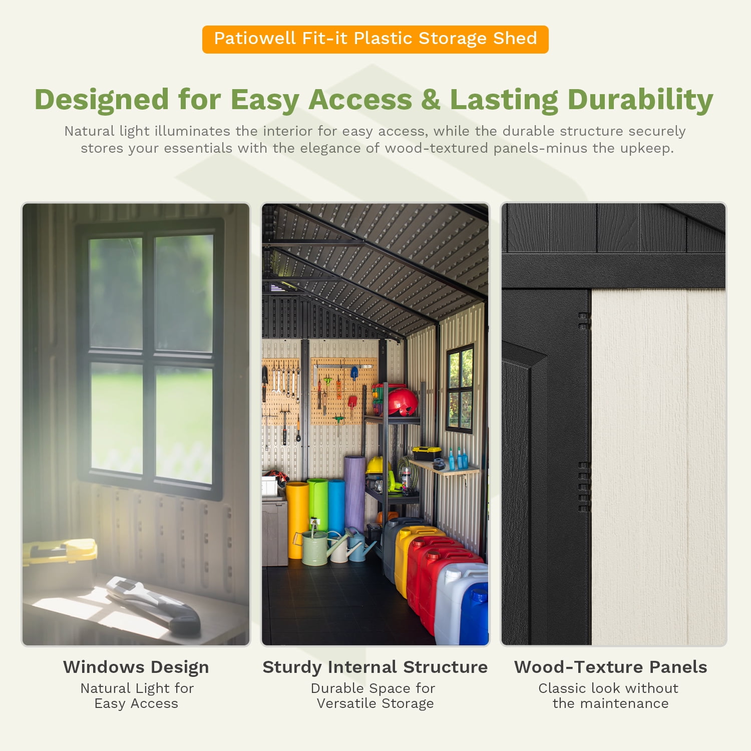 Patiowell 8x6 ft Outdoor Storage Shed with Floor, All-Weather Resin Garden Shed with Window and Lockable Doors (Gray/White) m36t0