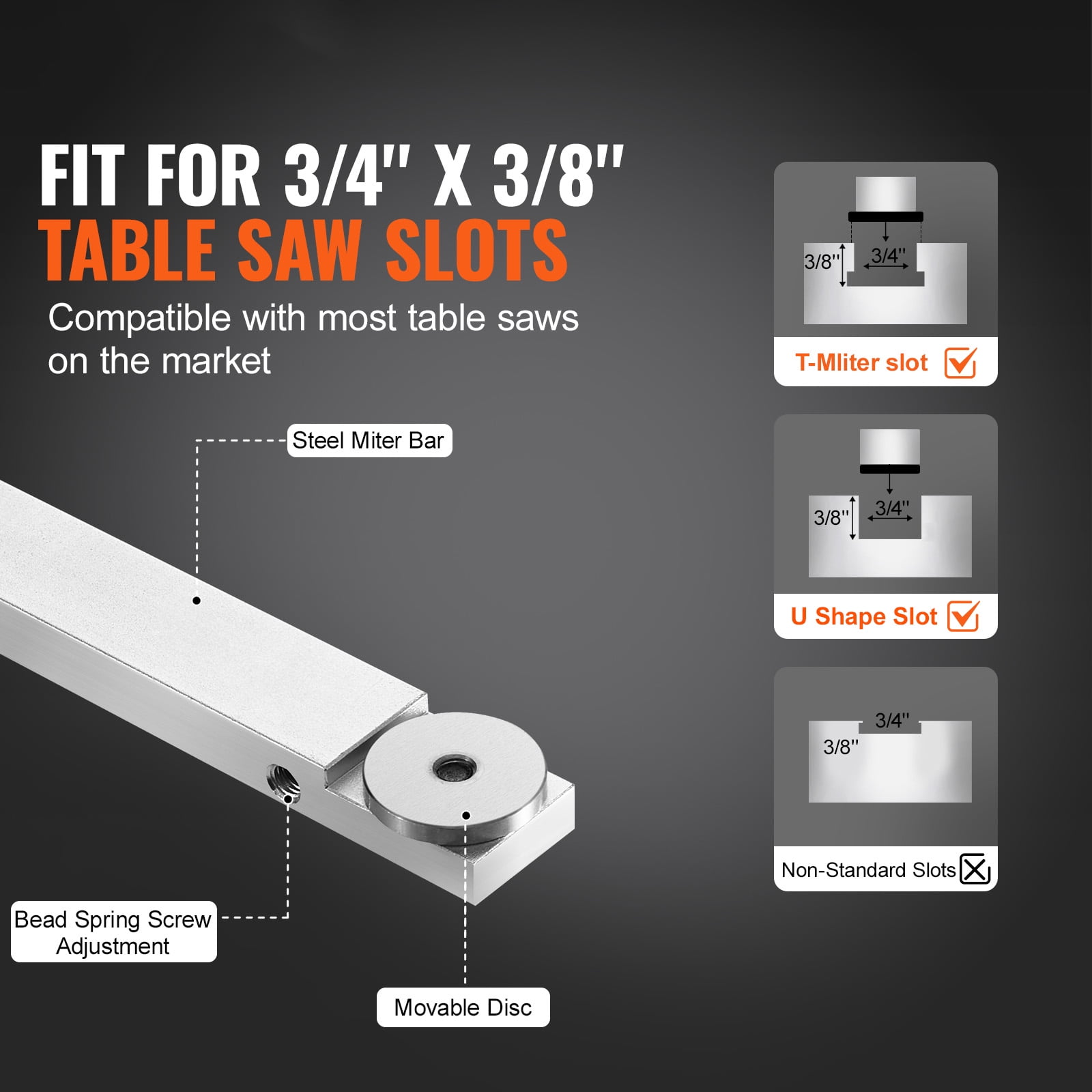 KFFKFF Table Saw Miter Gauge, Precision Woodworking Tool with 15 Angle Stops and Adjustable Plunger (3/4 in x 3/8 in Slot, 18 in) tfd0r