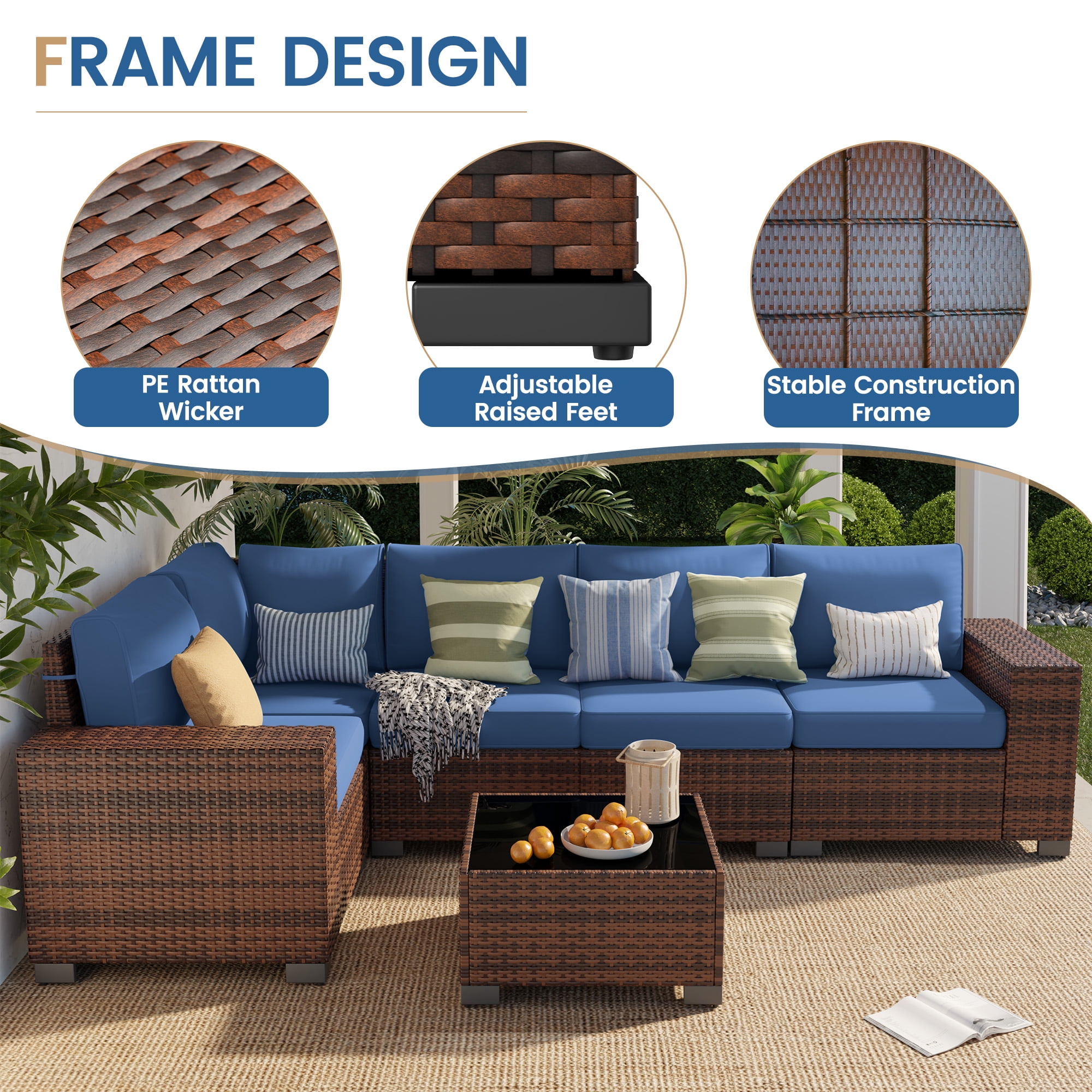 Poteban 6-Piece Outdoor Wicker Patio Furniture Set with Cushions (Brown and Blue, 6-Piece Set) 65mcb
