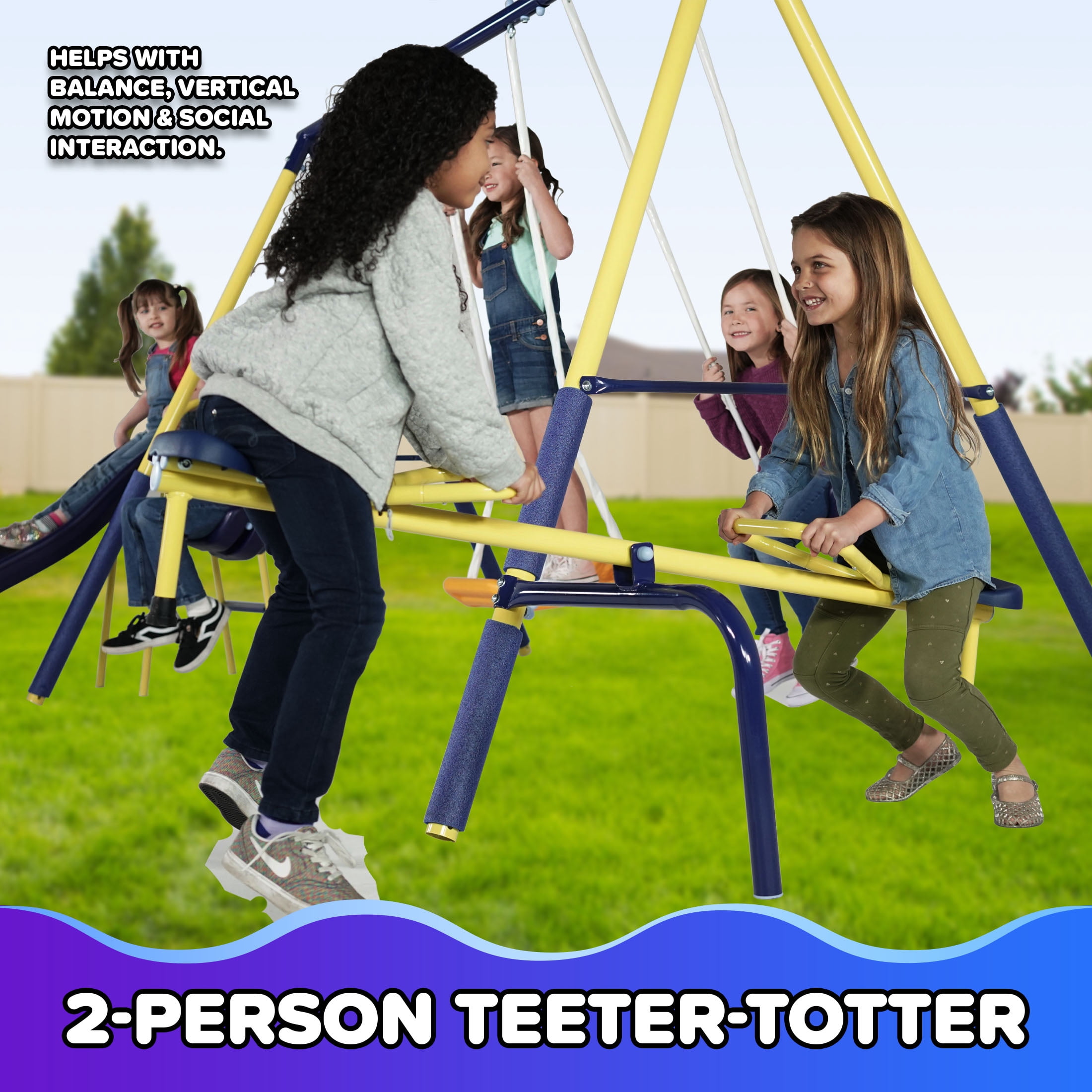 Sportspower Palmview Metal Swing Set with Teeter-Totter, Standing Swing, and 5 ft Slide (Blue) a4h6a