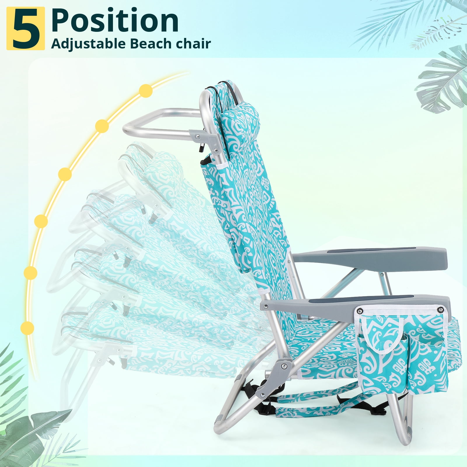 Ktaxon 5-Position Folding Beach Chair, Portable Backpack Camping Chair with Cooler Pouch and Storage (Green Tribal Print, 24.8 in x 25.6 in x 32.28 in) oe5gl