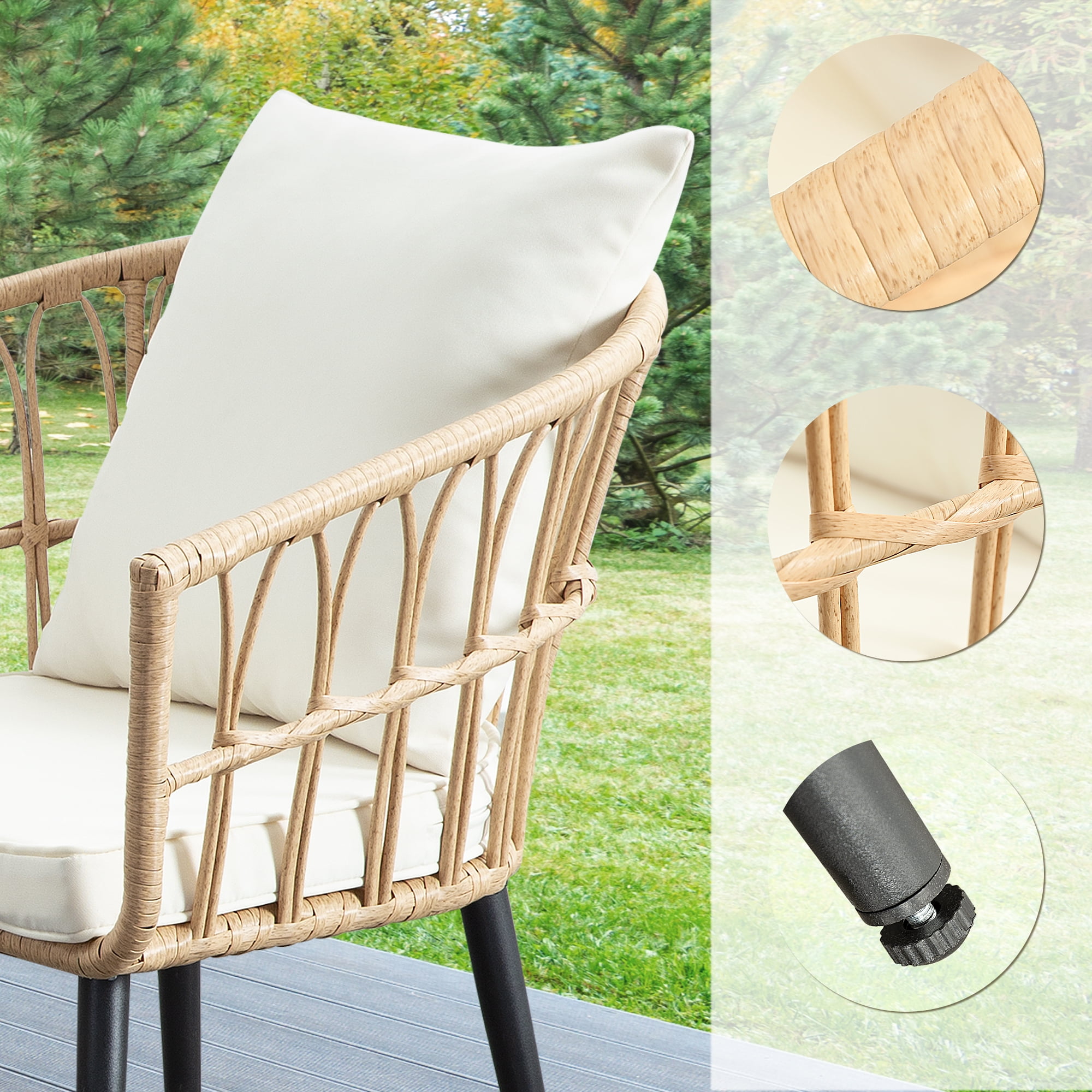 Ainfox 3-Piece Outdoor Wicker Bistro Set, All-Weather Rattan Chairs with Washable Cushions and Tempered Glass Table (Beige, 3-Piece Set) fsrfz