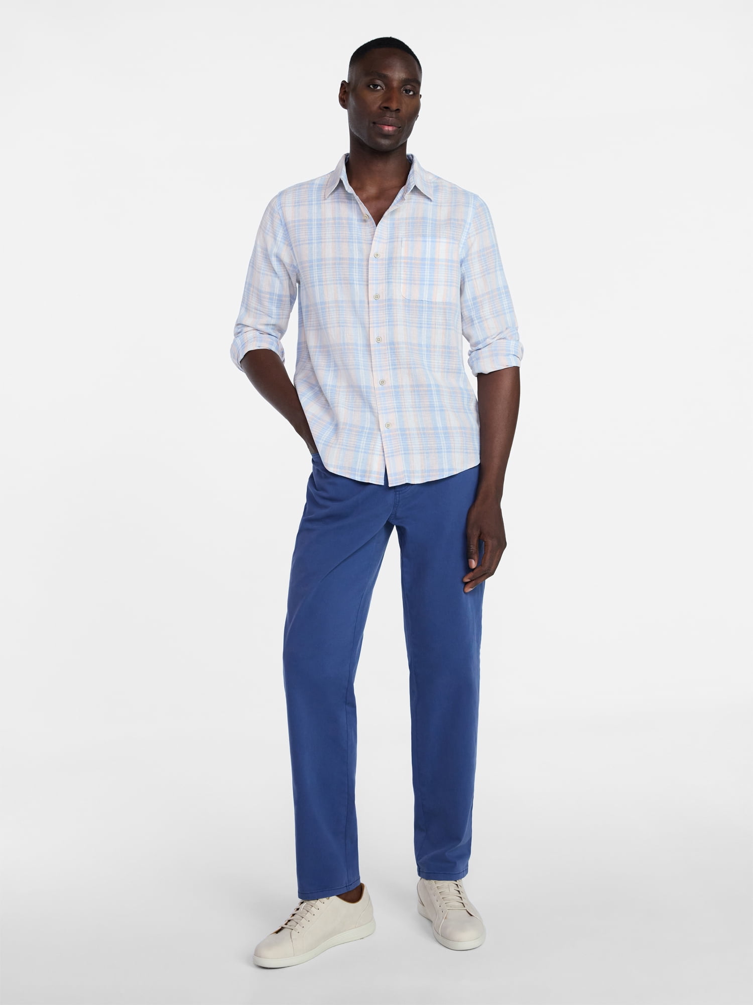 George Men's Linen Blend Long Sleeve Button Up Shirt (Blue, S) pbosy