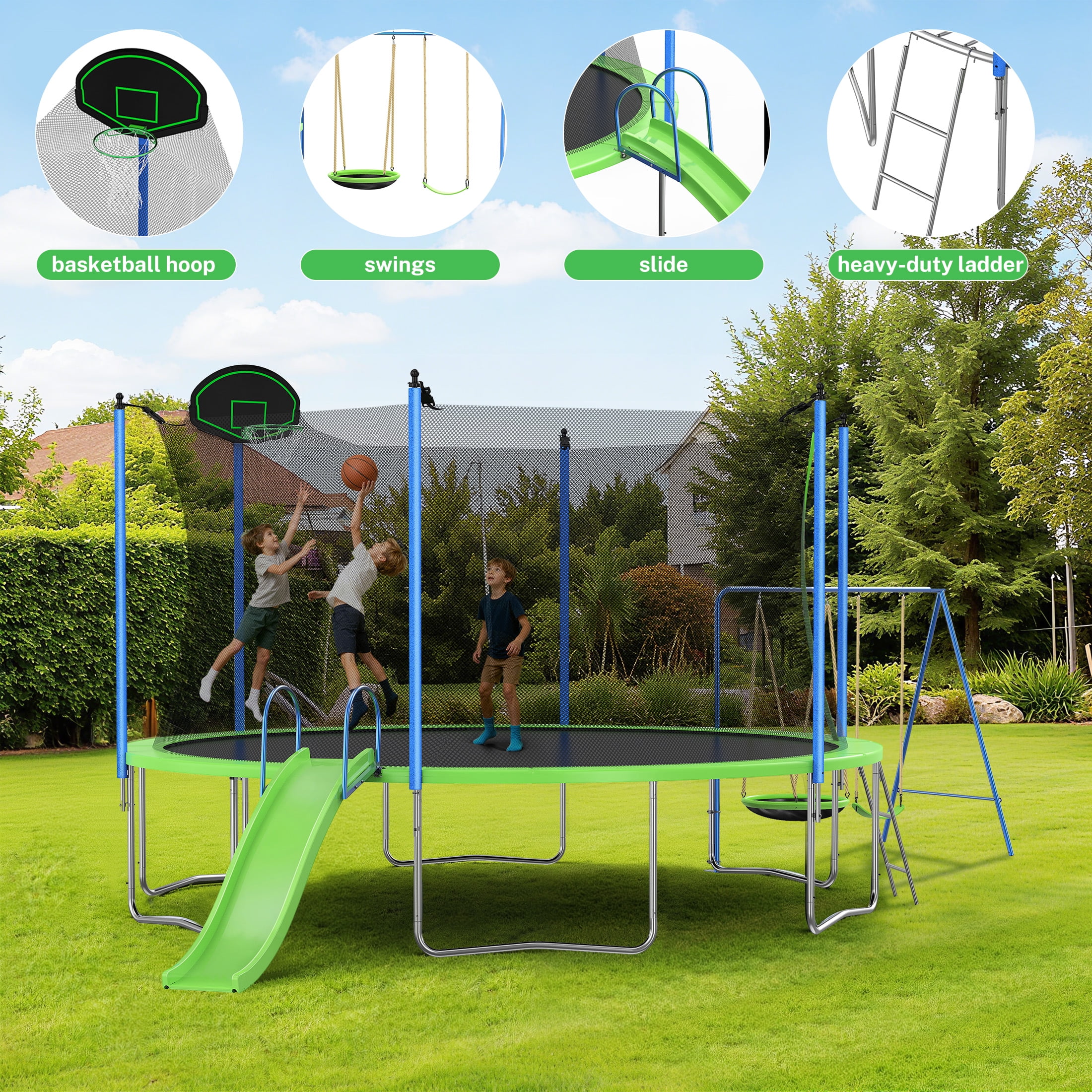 Segmart 12 ft Recreational Trampoline with Slide, Swing, Basketball Hoop, and Safety Net (Green, 12 ft) 7yjpy