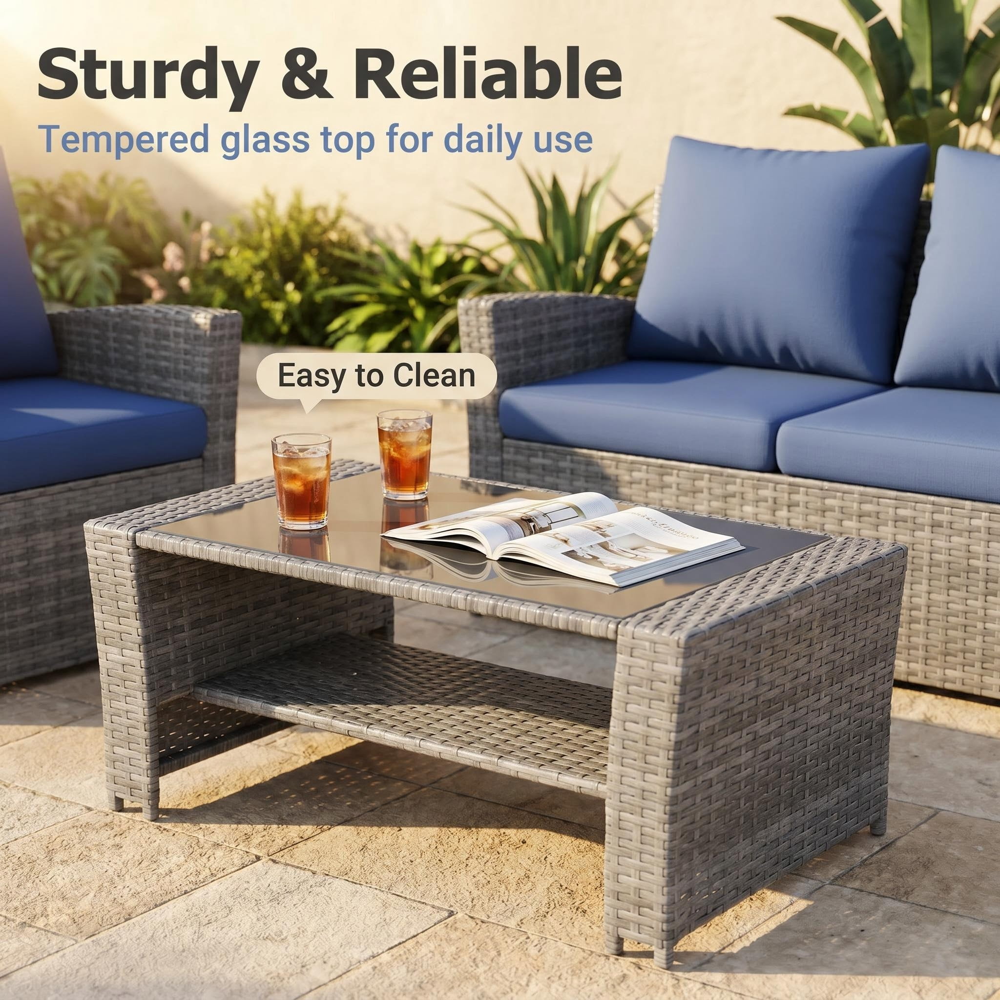 UDPATIO 4-Piece Wicker Patio Furniture Set, Outdoor Conversation Set with Loveseat, 2 Chairs and Glass Coffee Table (Blue, 4-Piece) iwfuv