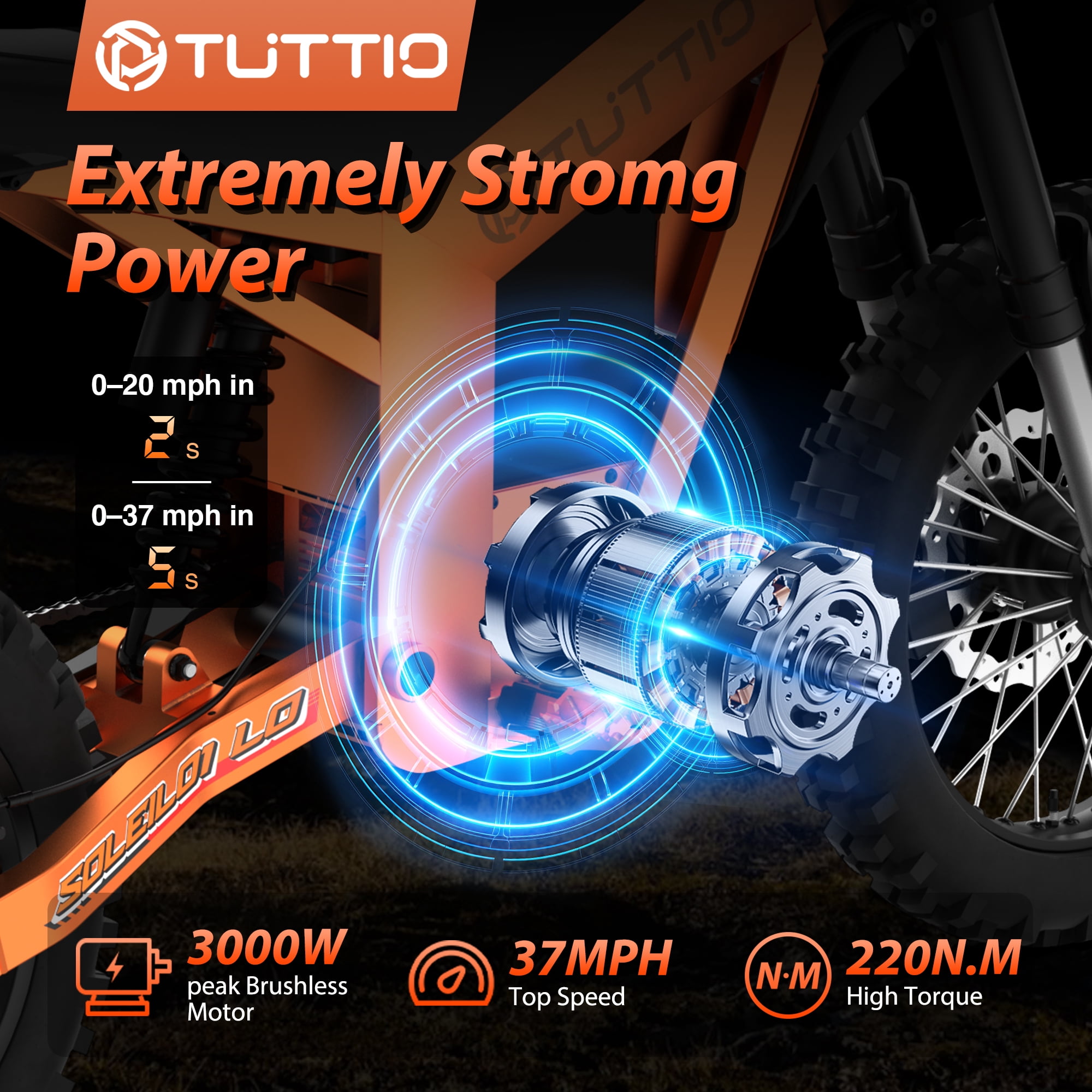 TUTTIO Soleil01 LO 3000W Electric Dirt Bike, High-Torque Off-Road E-Motorcycle, UL 2849 Certified (Orange, 330 lb Max Load) wvjlj