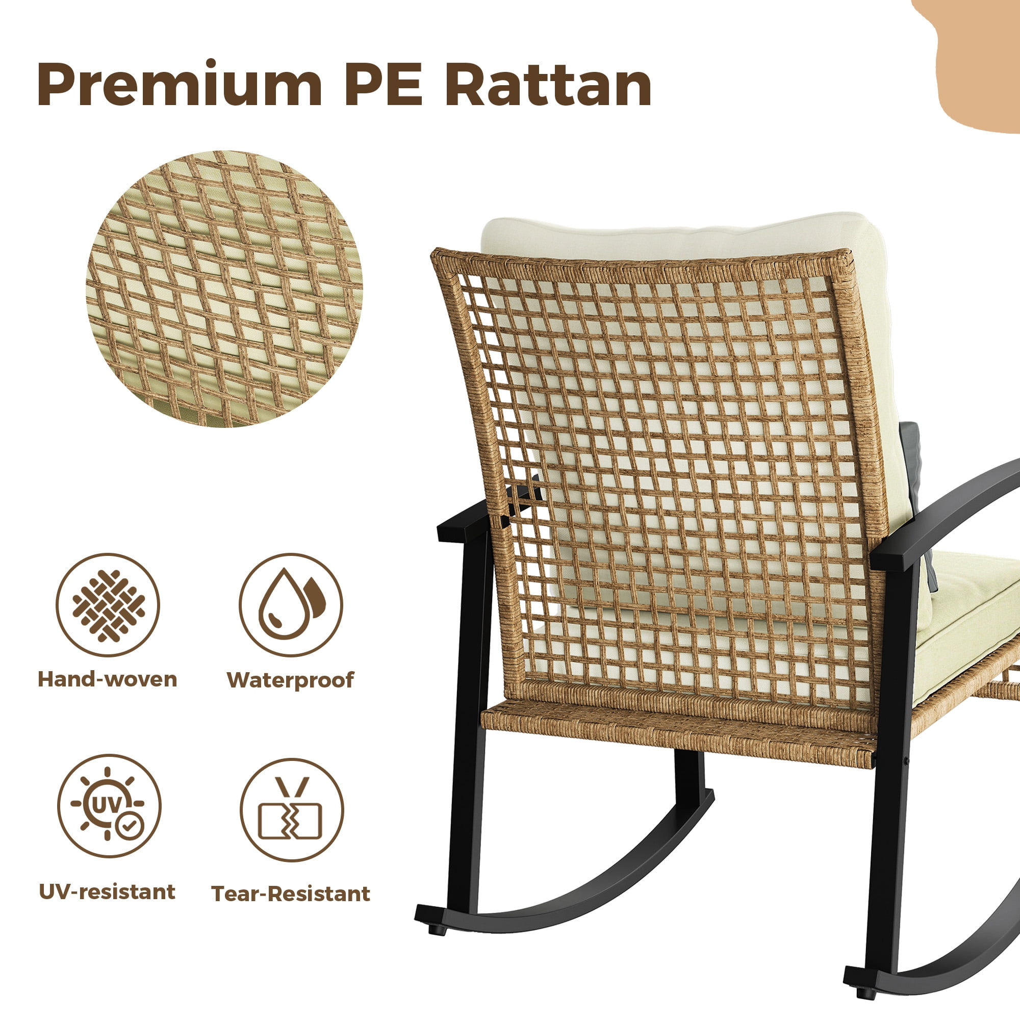 LAZZO 3-Piece Patio Conversation Set, PE Wicker Rocking Chairs with Lumbar Pillows and Tempered Glass Coffee Table (Beige, 3-Piece Set) 8kot2