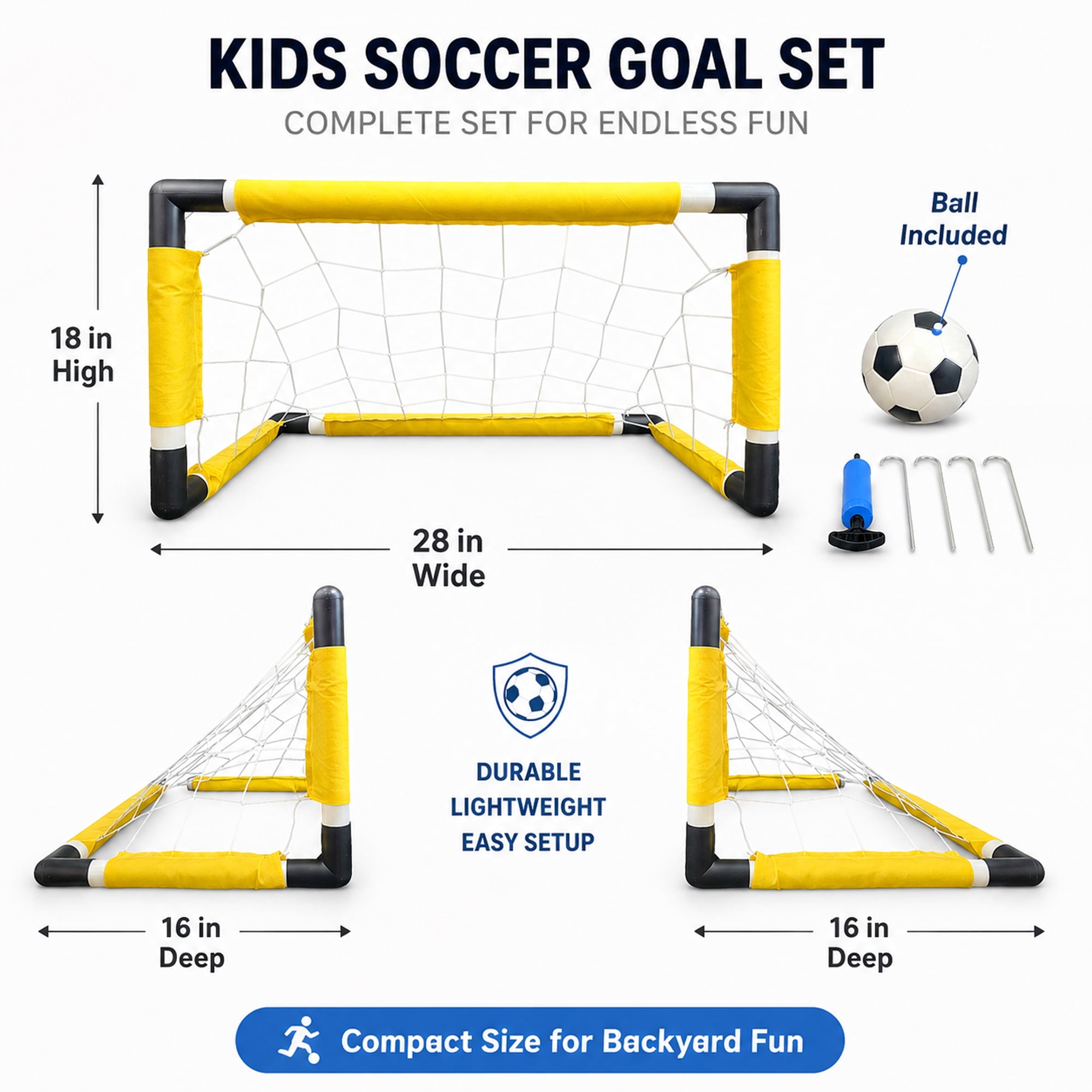 Blue Block Factory Kids Soccer Goal Set, Portable Backyard Sports Net with Ball and Pump (Yellow, 28 in) n9fxe