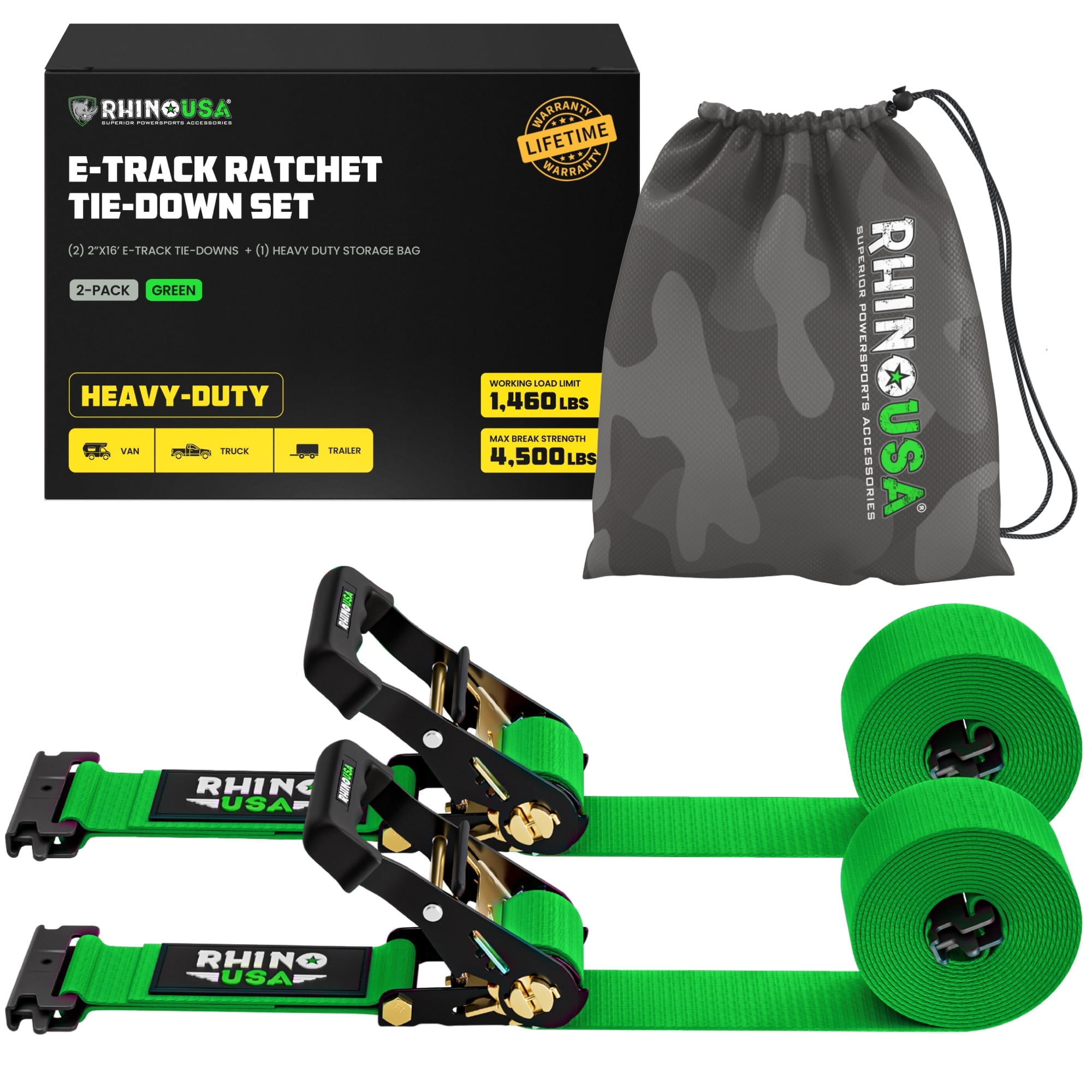 Rhino USA E-Track Ratchet Tie Down Straps, Heavy-Duty Cargo Securement System (Green, 2 in x 16 ft, 2 Pack) l43pv
