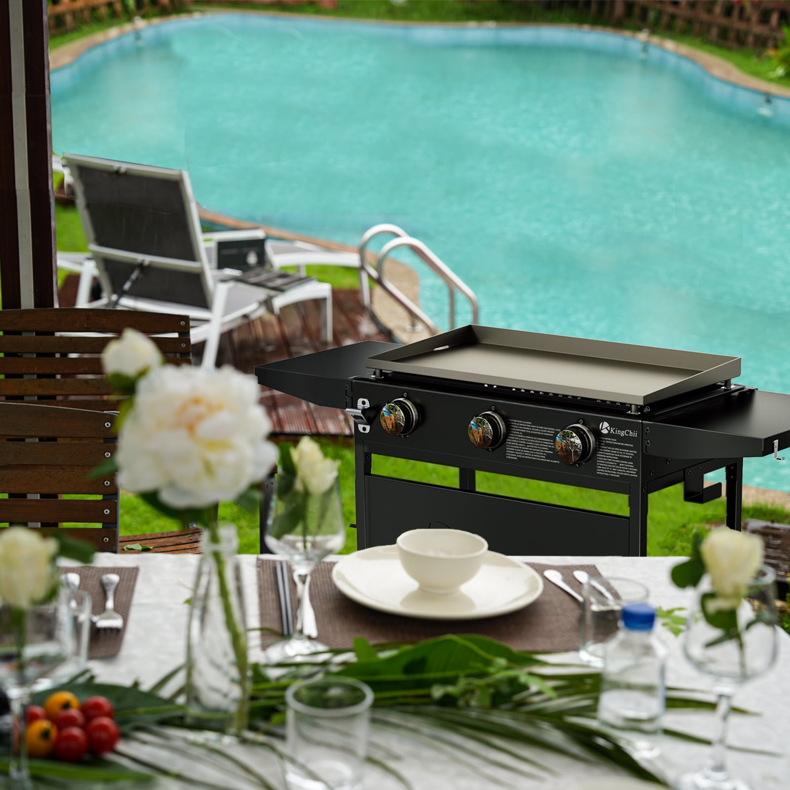 KingChii 3-Burner Propane Griddle Outdoor Flat Top Gas Grill with Side Shelves (Black, 27 in) w1gqf