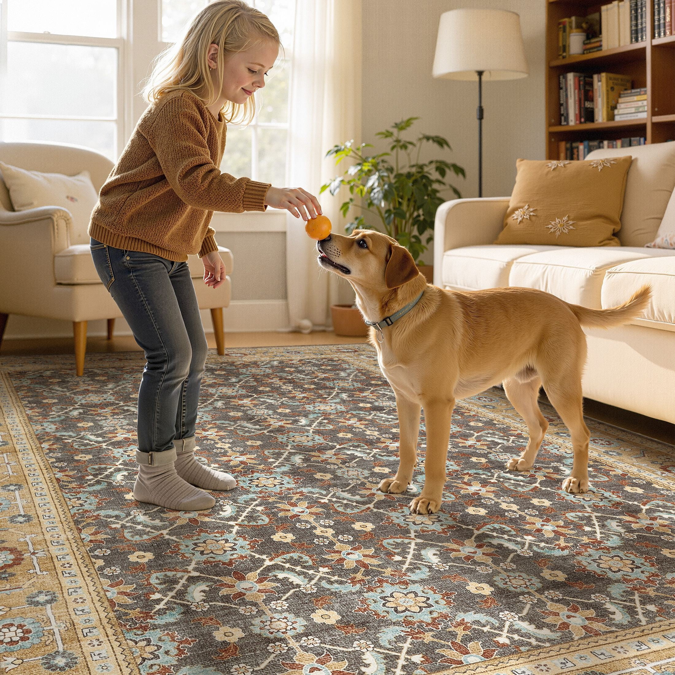 UERMEI Washable Area Rug, Boho Low-Pile Non-Slip Carpet for Living Room and Bedroom (Brown, 5 ft x 7 ft) un0zo