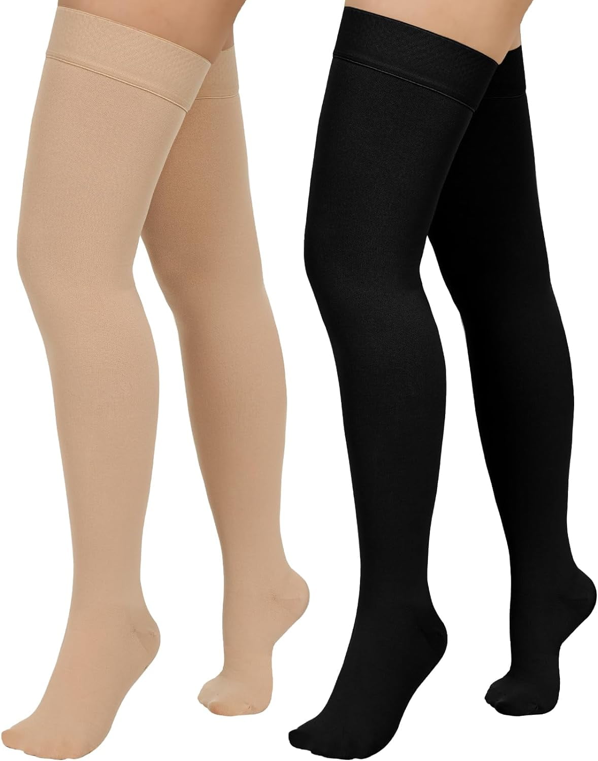 Wukang Thigh High Compression Stockings 20-30 mmHg Closed Toe Support Socks (Beige and Black, 2 Pair Pack) tc00x