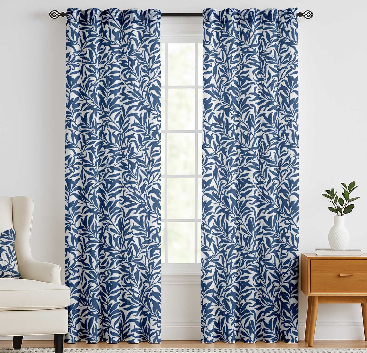 Vargottam Cotton Window Curtains, Light Filtering Drapes with Leaves Print (Blue, 52 in x 63 in, Set of 2) qvpy2