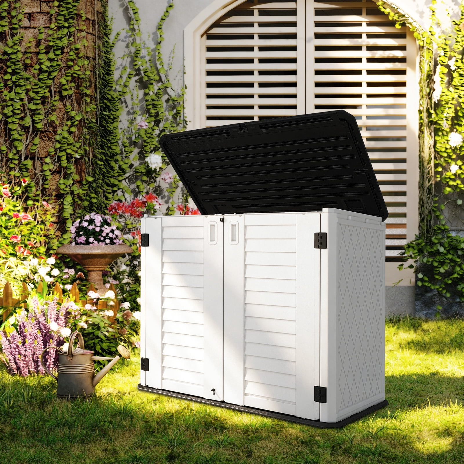 Ledmomo Outdoor Garden Storage Box, Weatherproof Resin Cabinet for Patio and Backyard (White, 34 cu ft) 9f40g