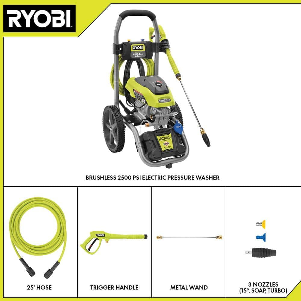 Ryobi 2500 PSI 1.2 GPM Electric Pressure Washer for Residential Cleaning (25 ft Hose) yqrac