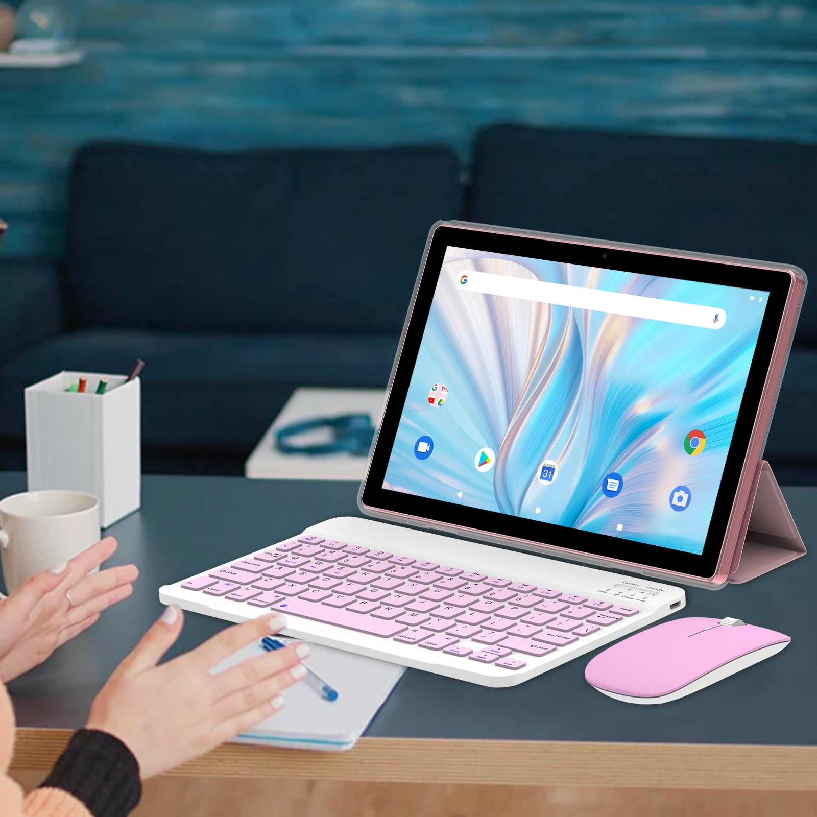 ZZB 10.1 inch Android Tablet Set with Keyboard Case Mouse and Stylus (Pink, 64GB) 43bib