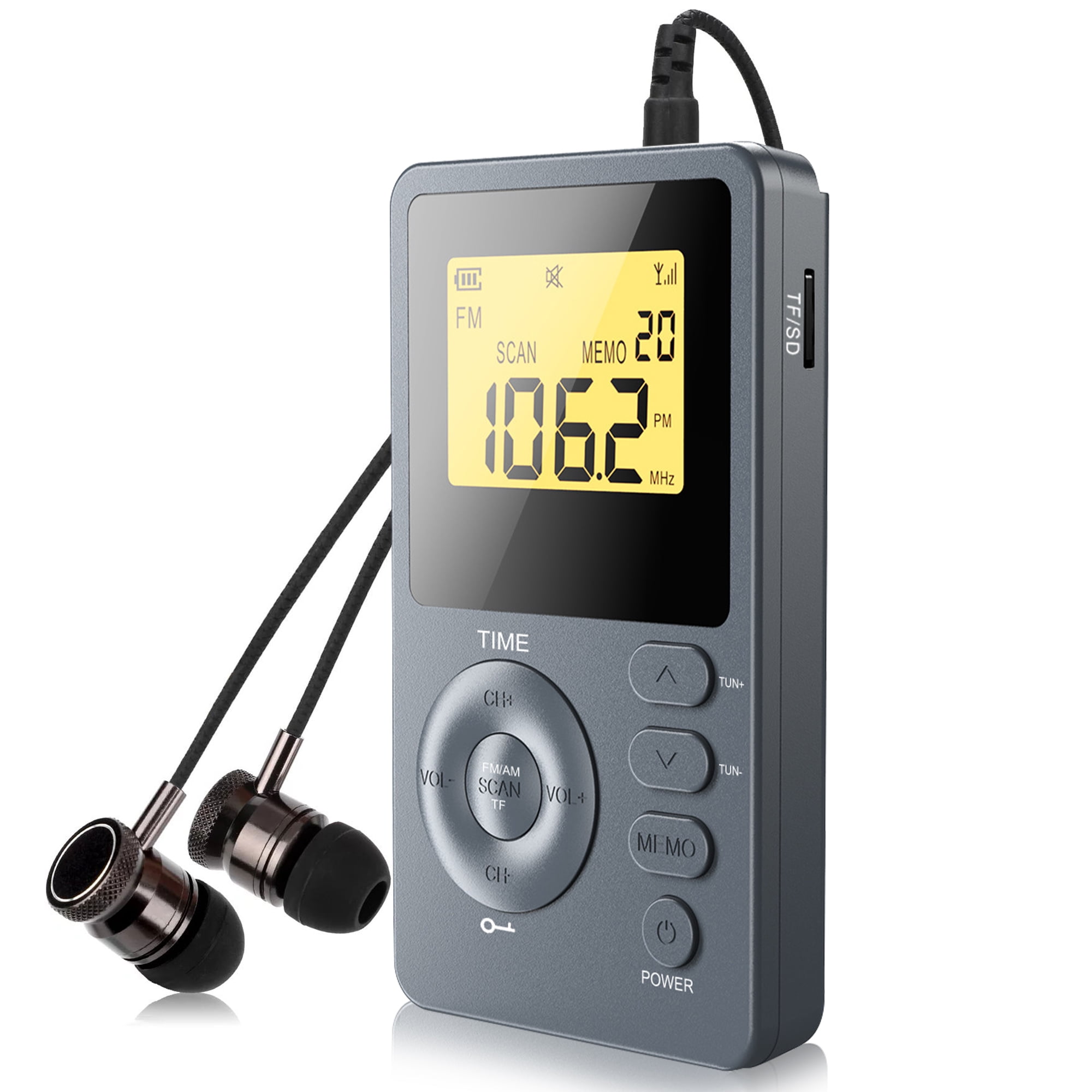 SENLNES Portable AM/FM Digital Radio with LCD Display and SD Card Slot (Grey, 3.4 in x 1.9 in x 0.47 in) 4p0dx