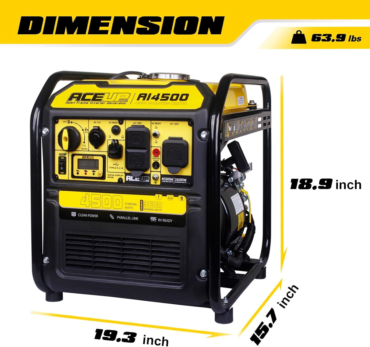 Aceup Energy 4500 Watt Portable Inverter Generator (Gas Powered, 223CC, RV-Ready, EPA Compliant) 850i1