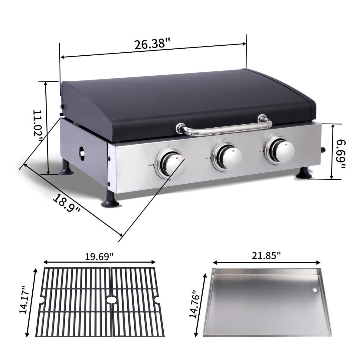 GORTES 3-Burner Gas Grill, Stainless Steel Outdoor BBQ with Teppanyaki Plate and Cast Iron Grates (Silver, 391 sq. in.) 3i5t0