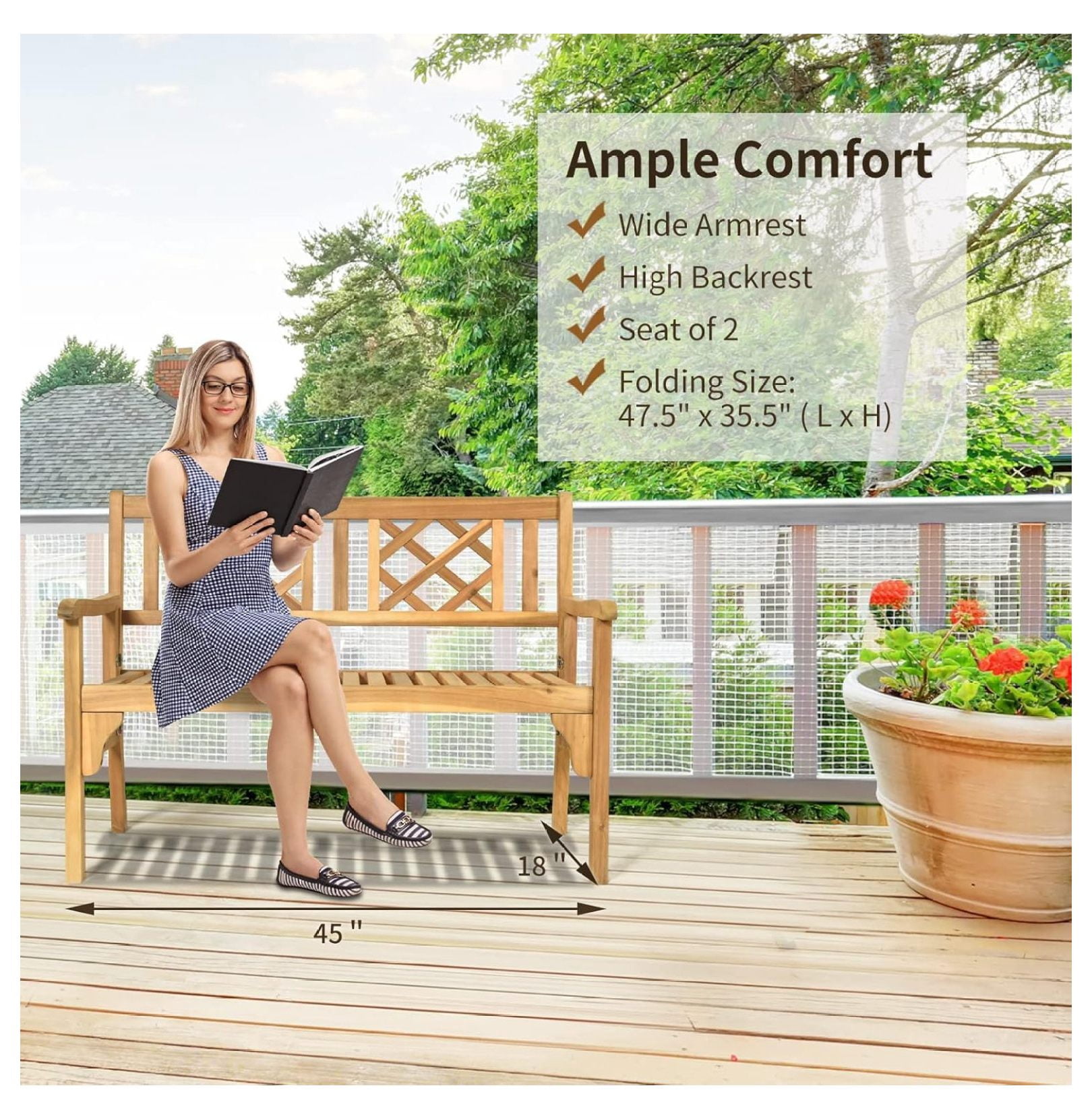HJXWALHJX Folding Patio Garden Bench, 2-Person Outdoor Wood Porch Loveseat with Slatted Seat and Armrest (4 ft) kai4b