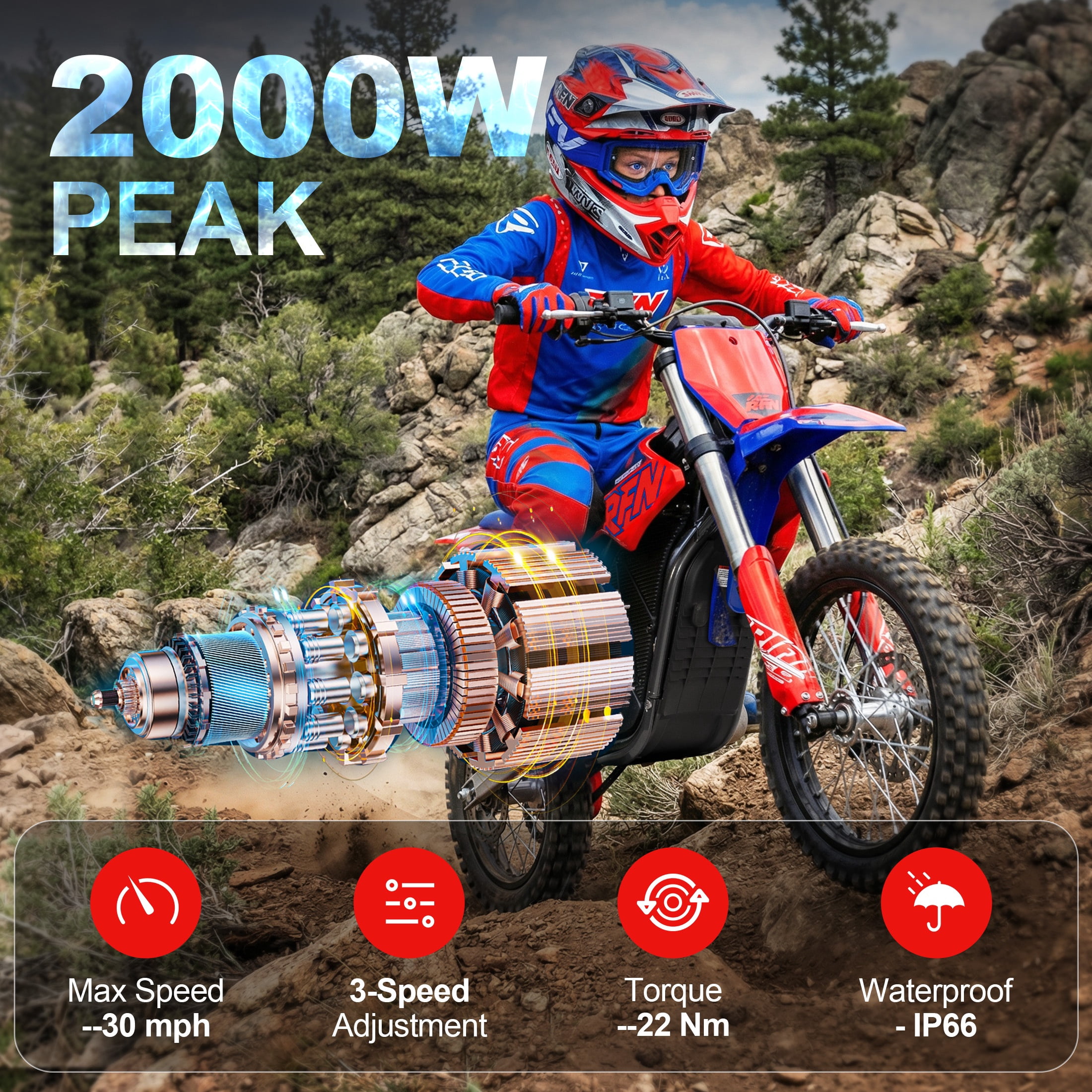 RFN Electric Dirt Bike Peak 2000W Off-Road Motorcycle (Blue, 48V 15Ah) 9t8h1