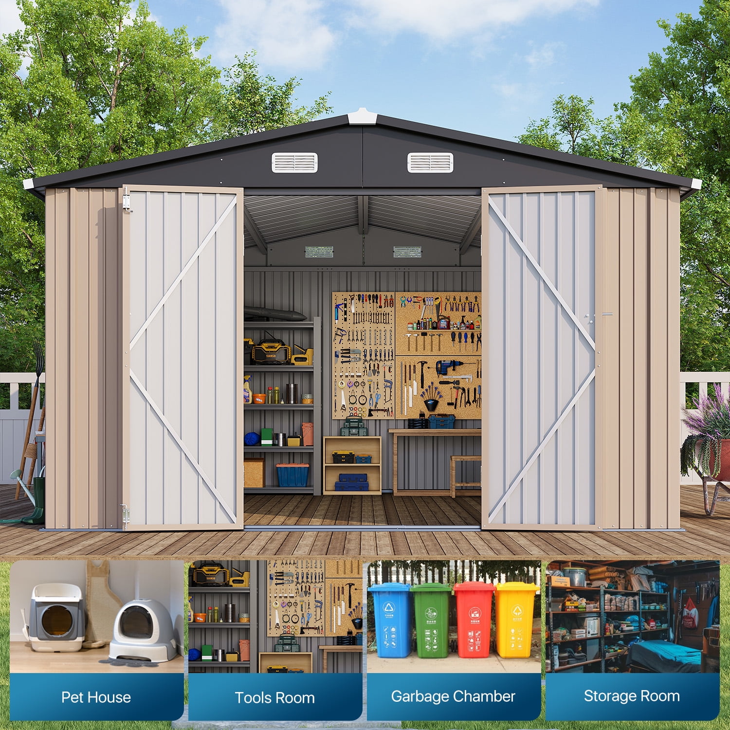 Clouddwell Outdoor Storage Shed, Heavy-Duty Metal Garden Utility Building with Lockable Double Doors and Sloped Roof (Brown, 10 ft x 12 ft) 5u1zr