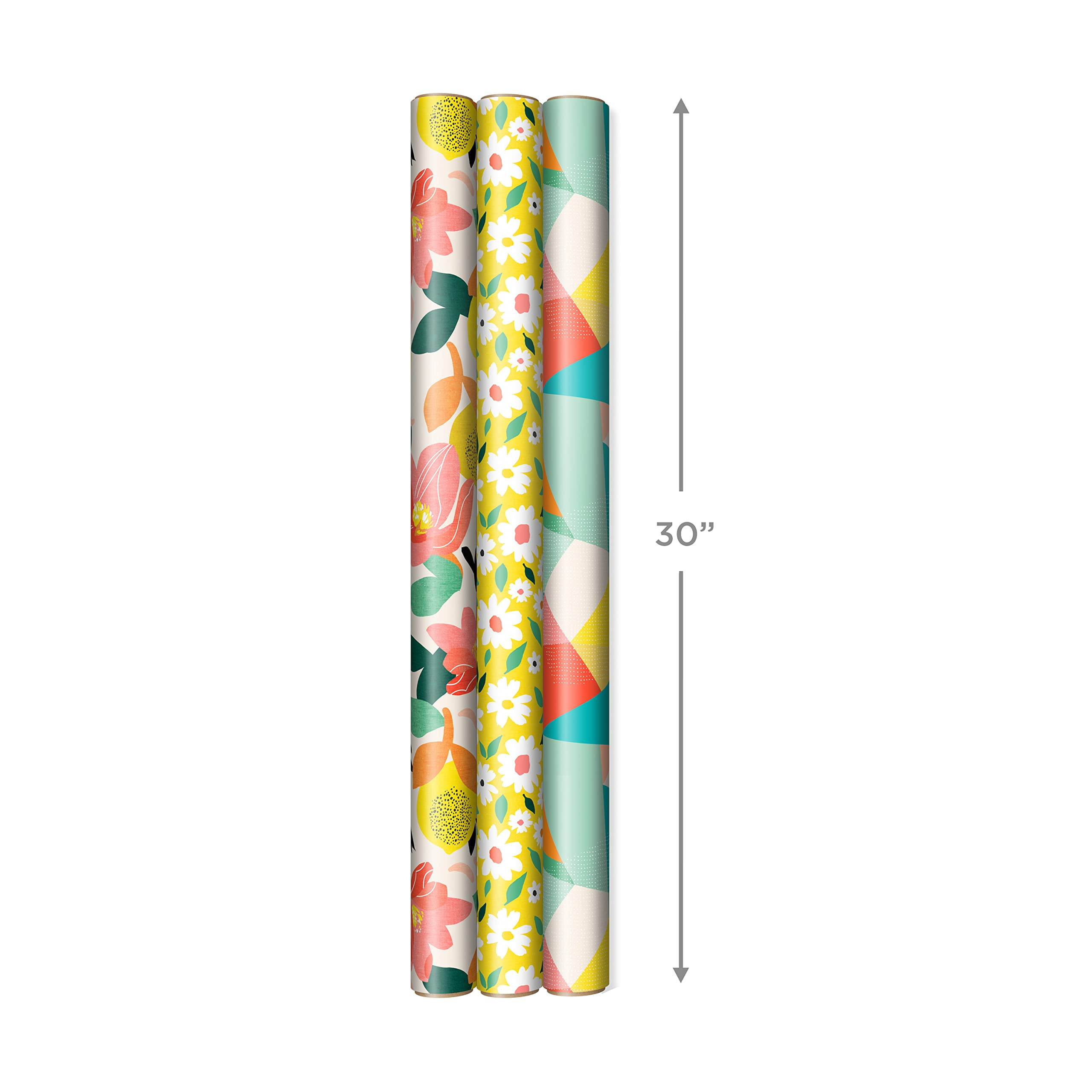 Hallmark Reversible Wrapping Paper Set (Floral, Lemon, Abstract Designs, 3 Rolls, 75 sq ft Total) yda5t