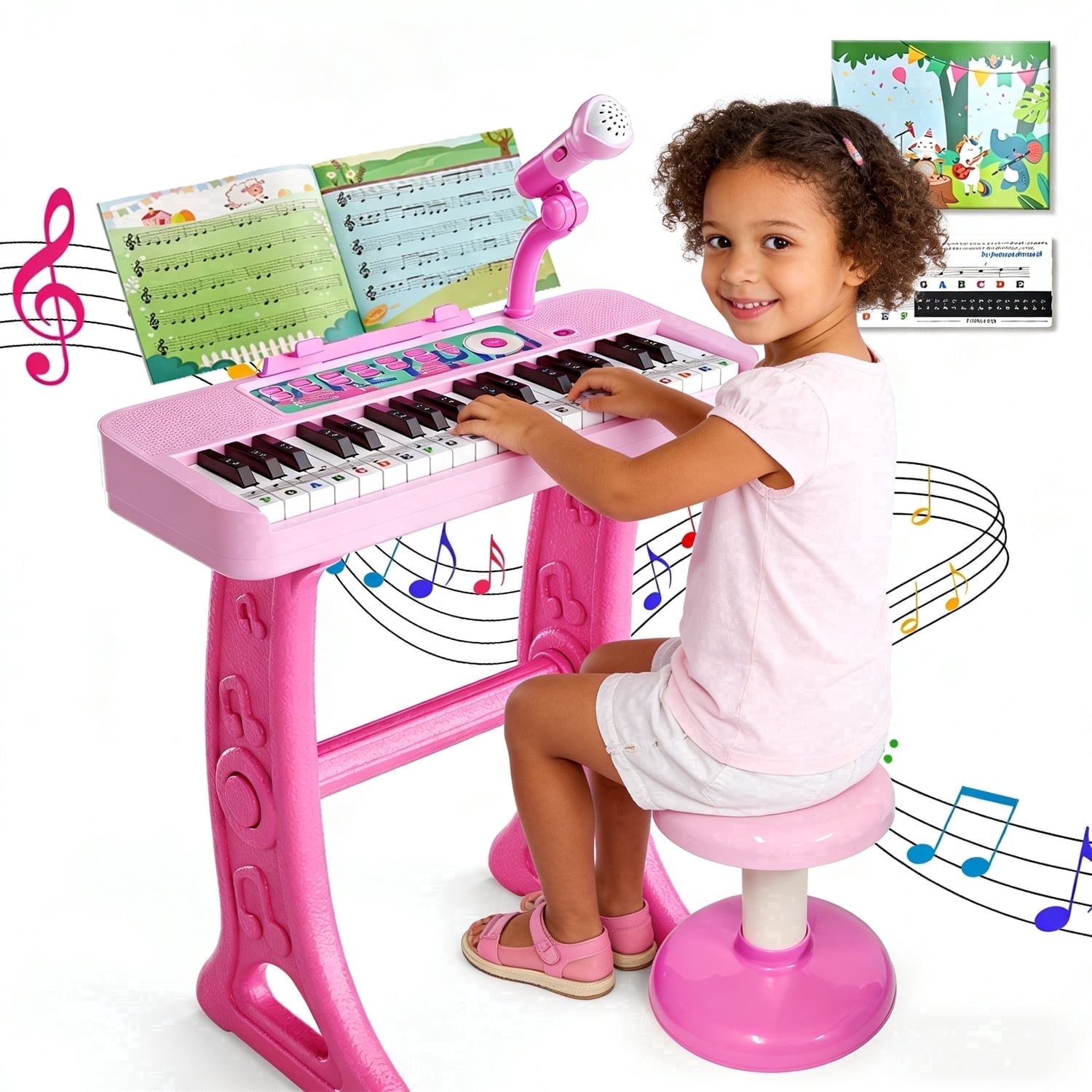 WLBES 37-Key Electronic Keyboard Piano Set with Stand and Stool (Pink, 1 Set) blafm